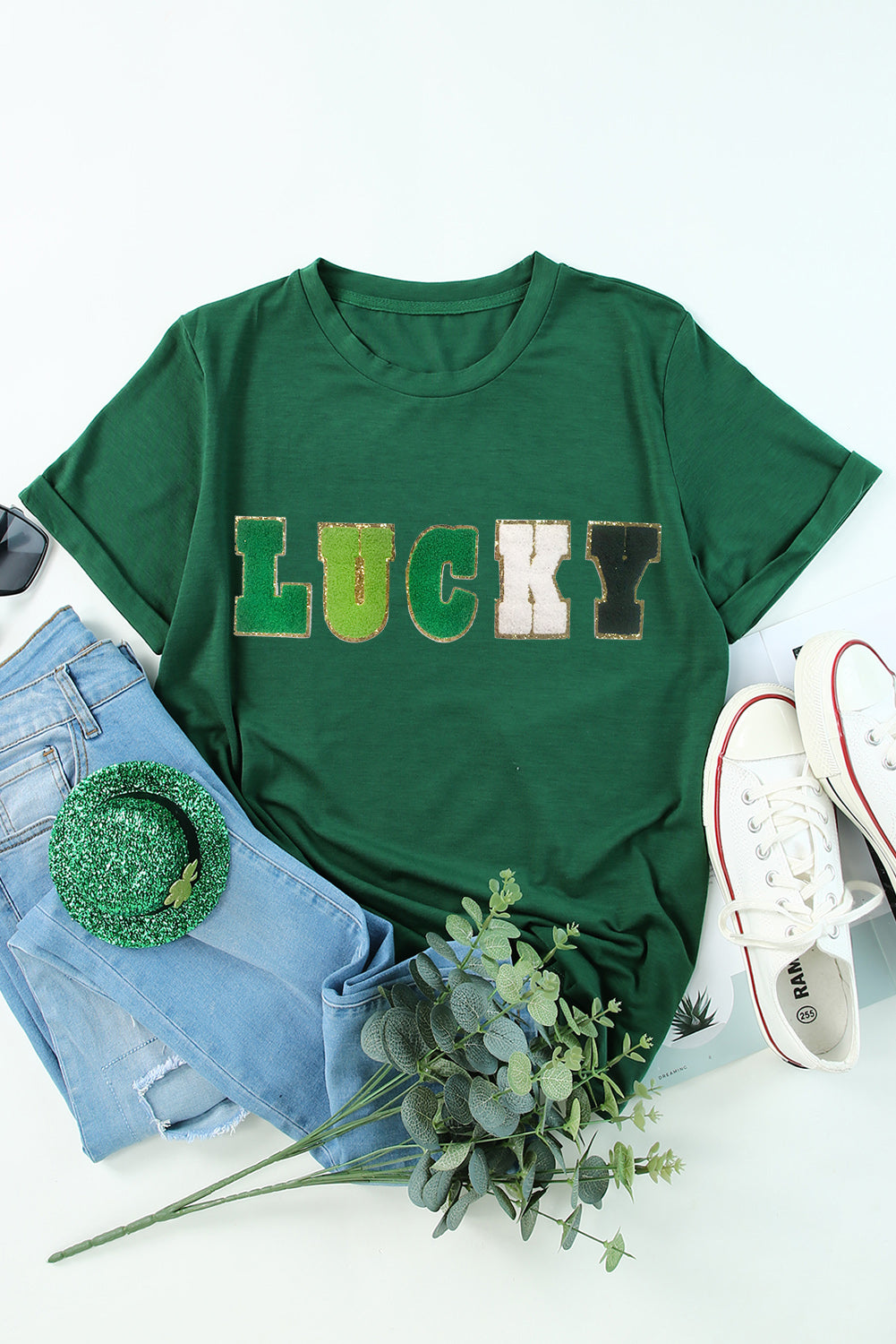 LUCKY Round Neck Short Sleeve T-Shirt - Tantalize Boutique