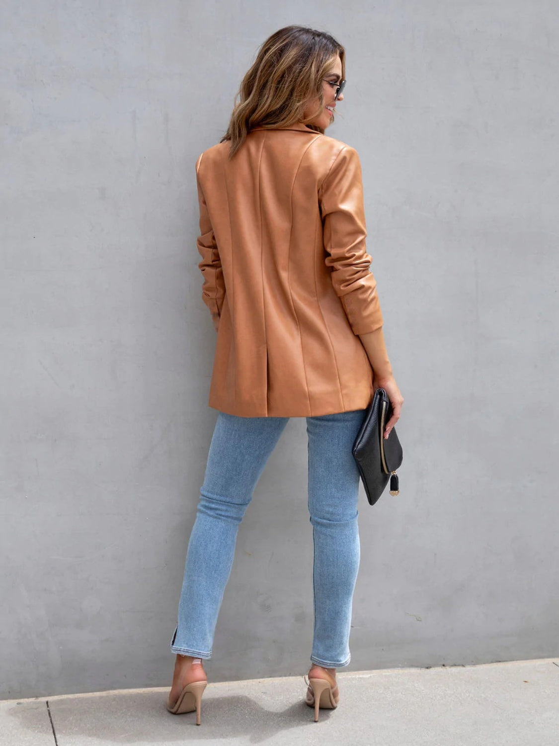 Faux Leather Button Up Long Sleeve Blazer - Tantalize Boutique