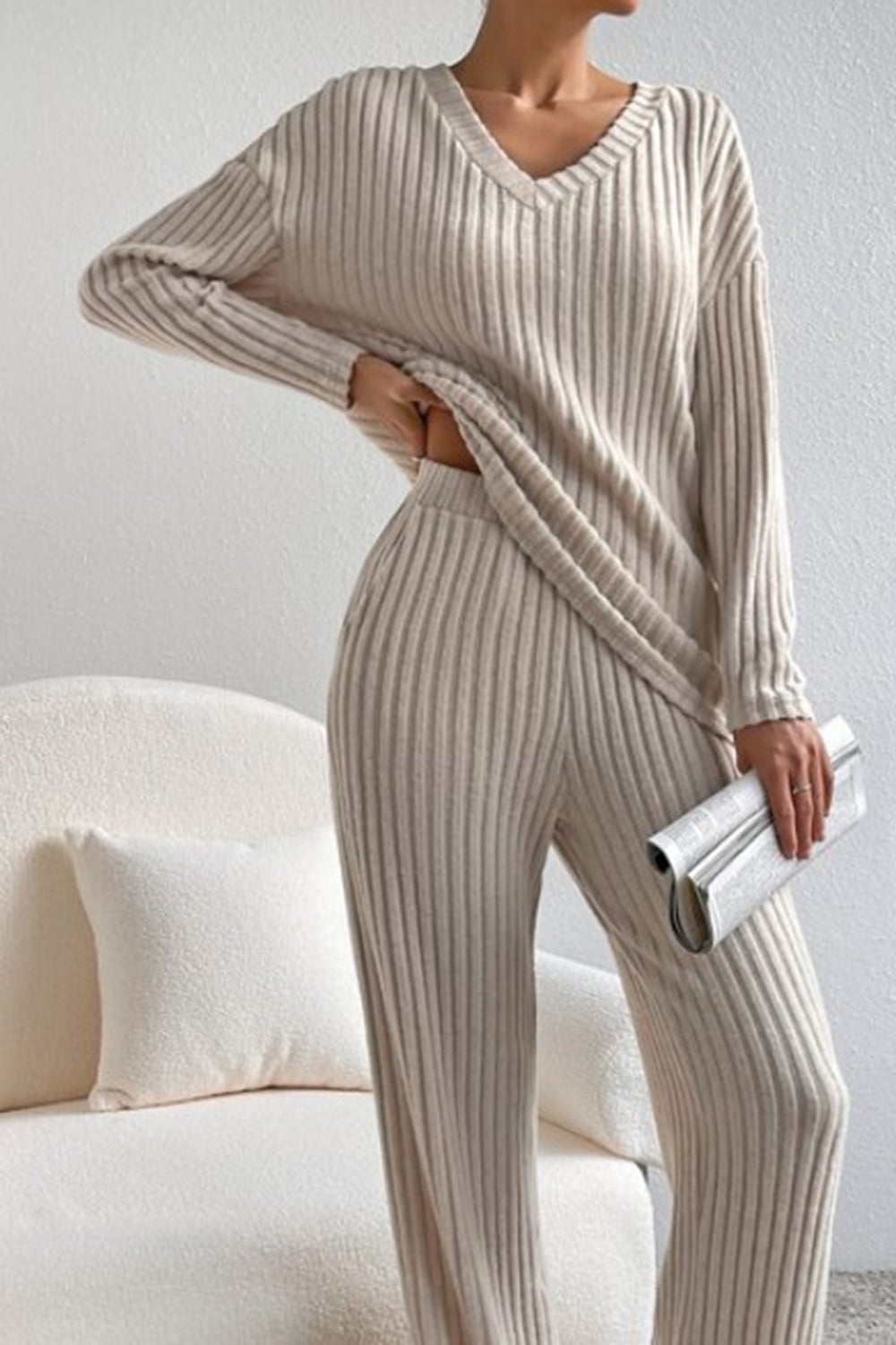 Ribbed V-Neck Top and Pants Set - Tantalize Boutique