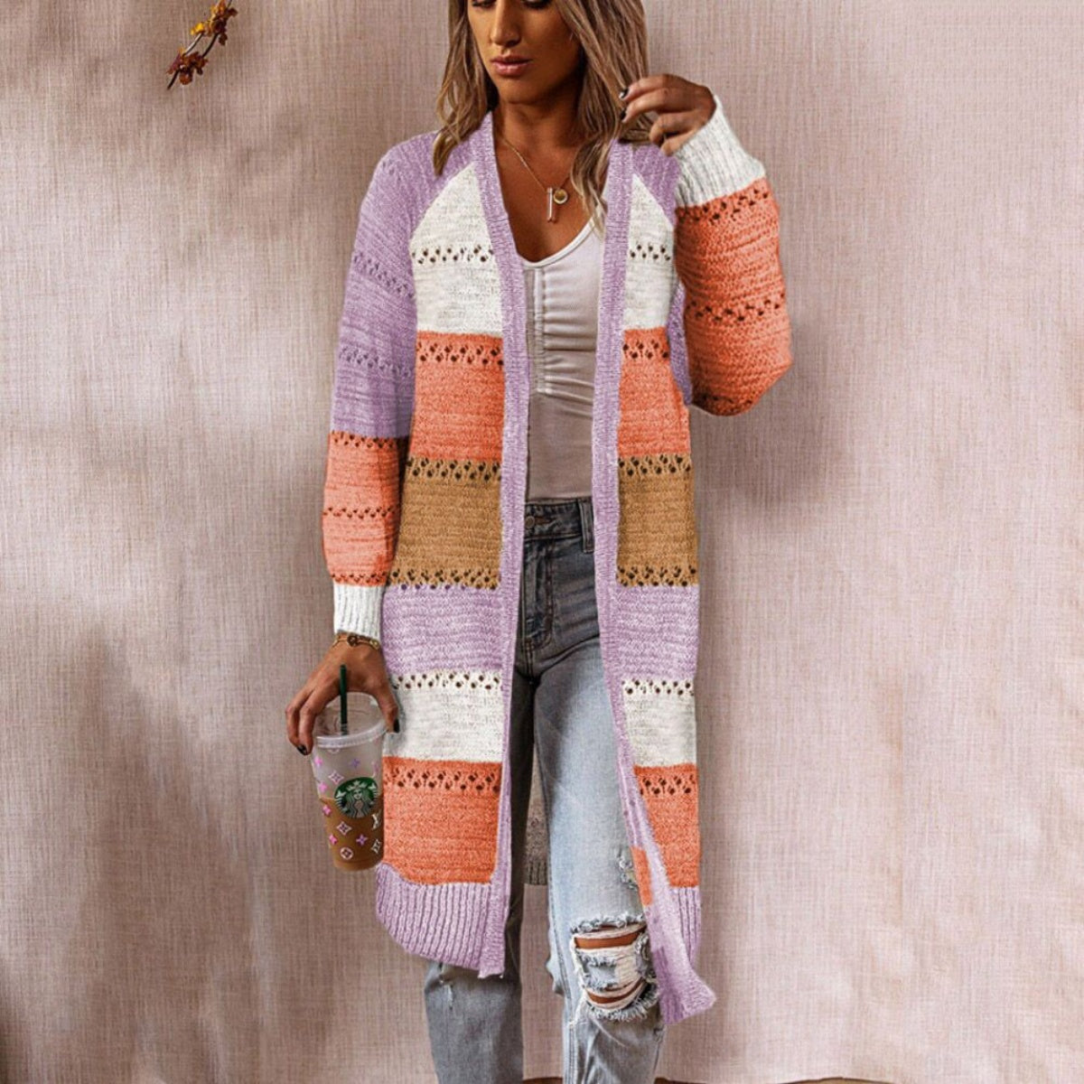 Color Block Open Front Openwork Cardigan - Tantalize Boutique