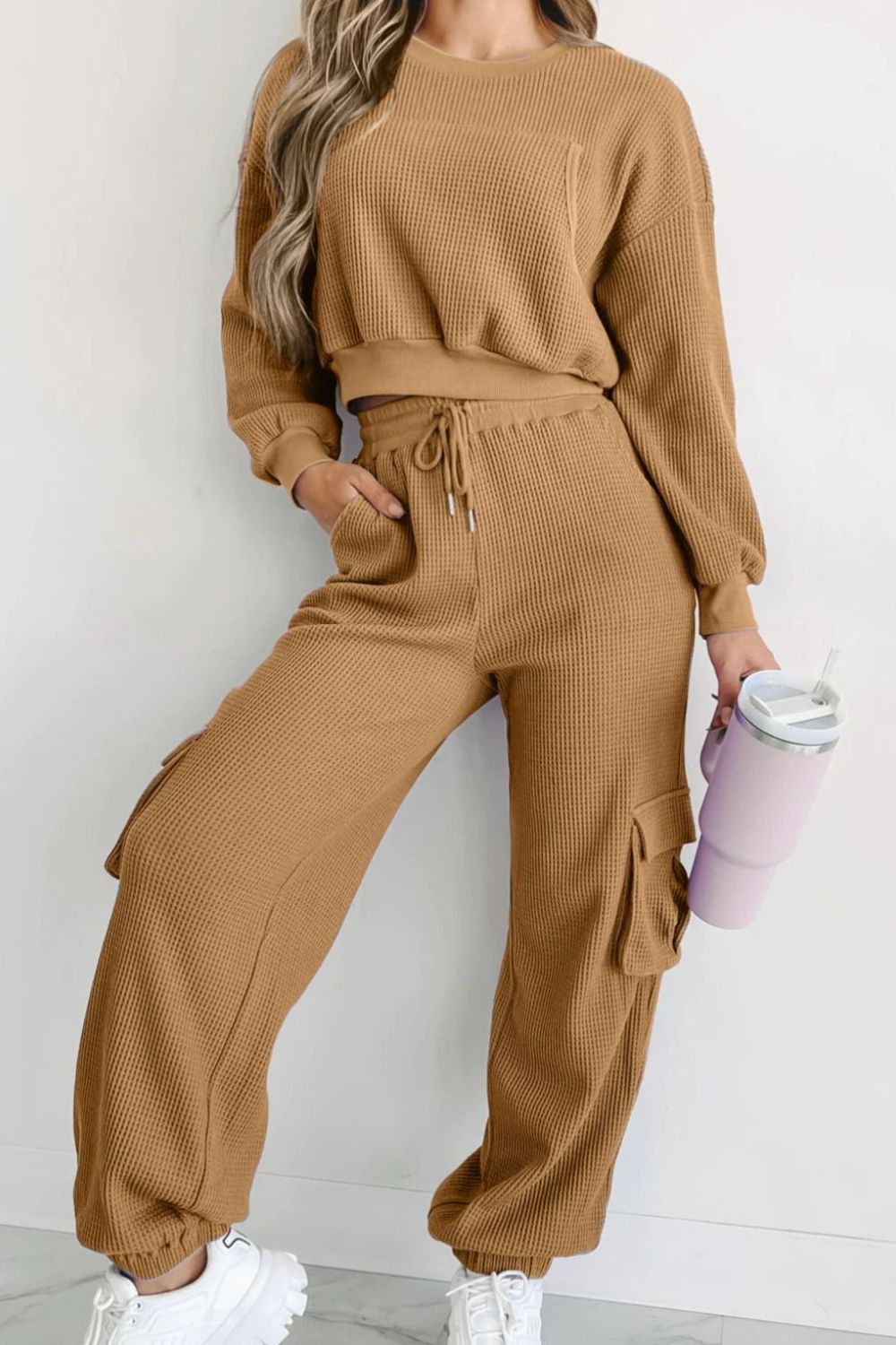 Waffle-knit Top and Drawstring Joggers Set - Tantalize Boutique