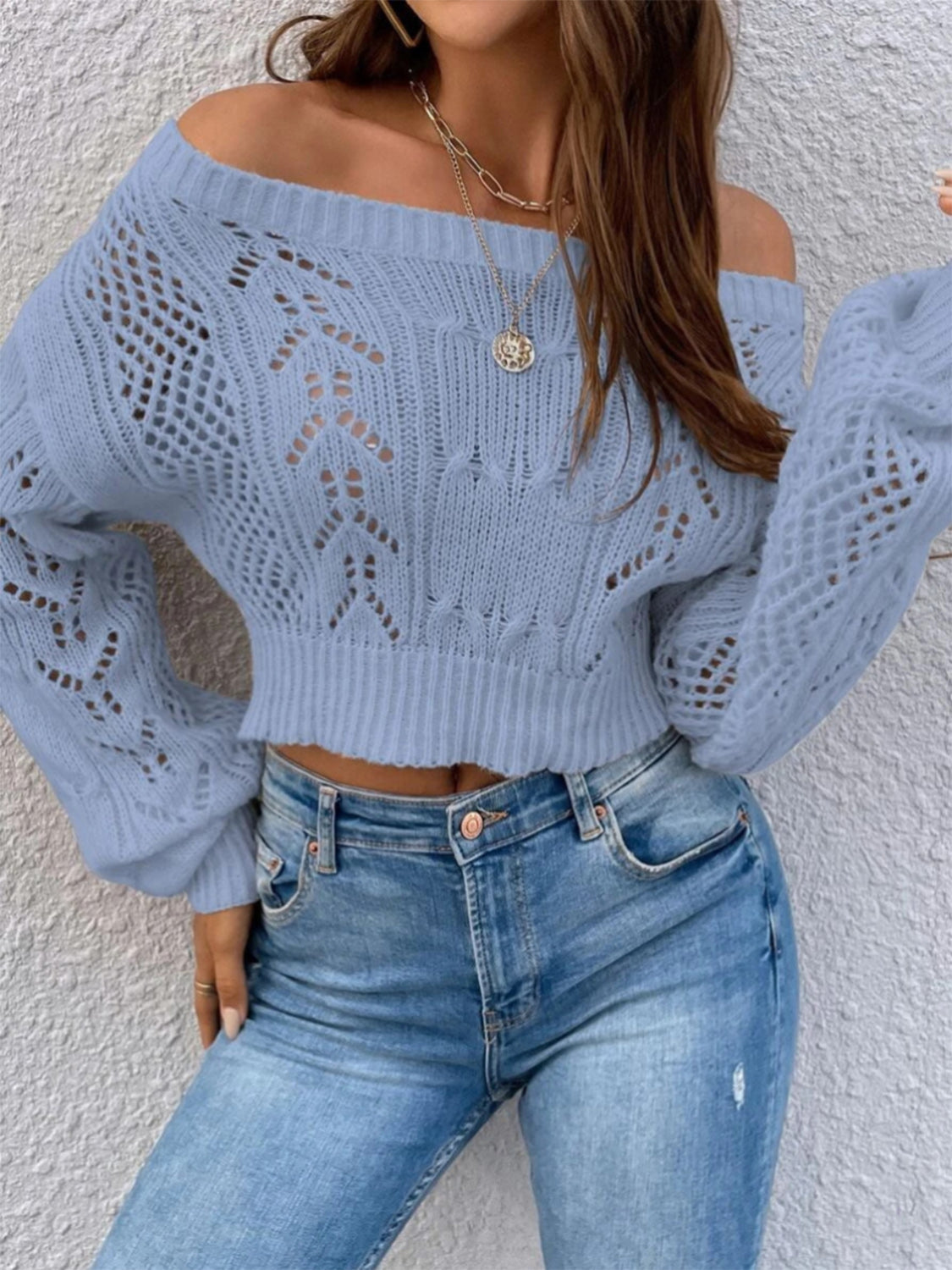 Openwork Off-Shoulder Long Sleeve Sweater - Tantalize Boutique