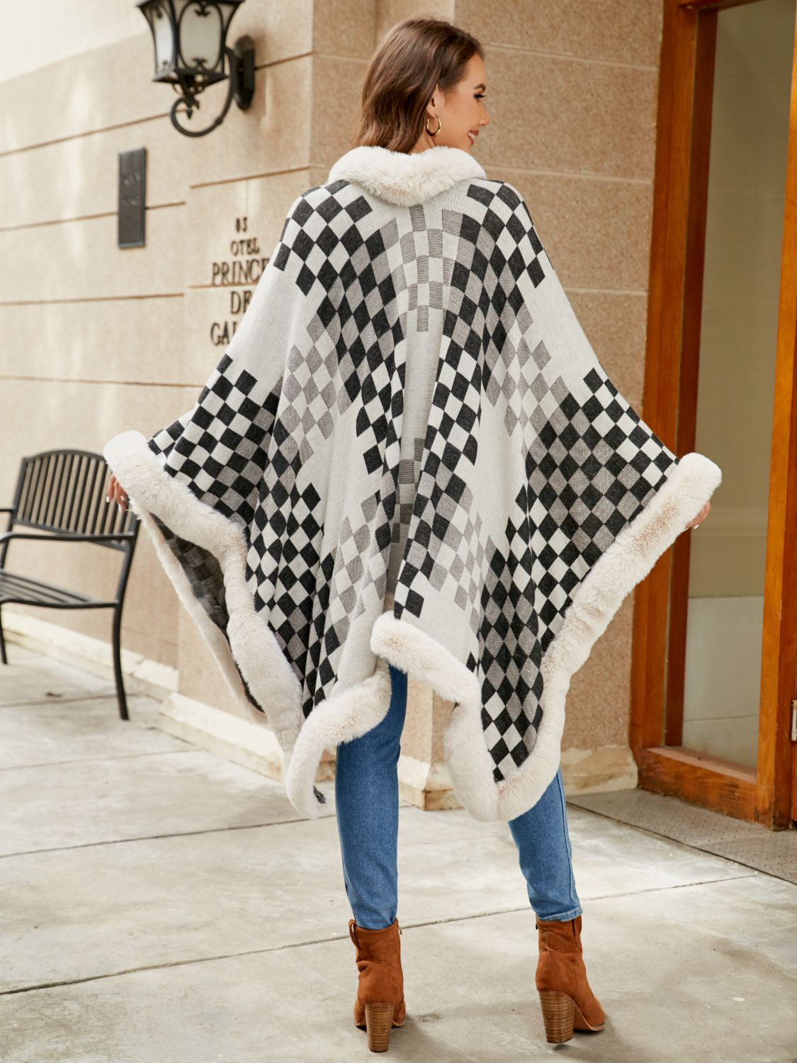 Checkered Faux Fur Trim Poncho - Tantalize Boutique