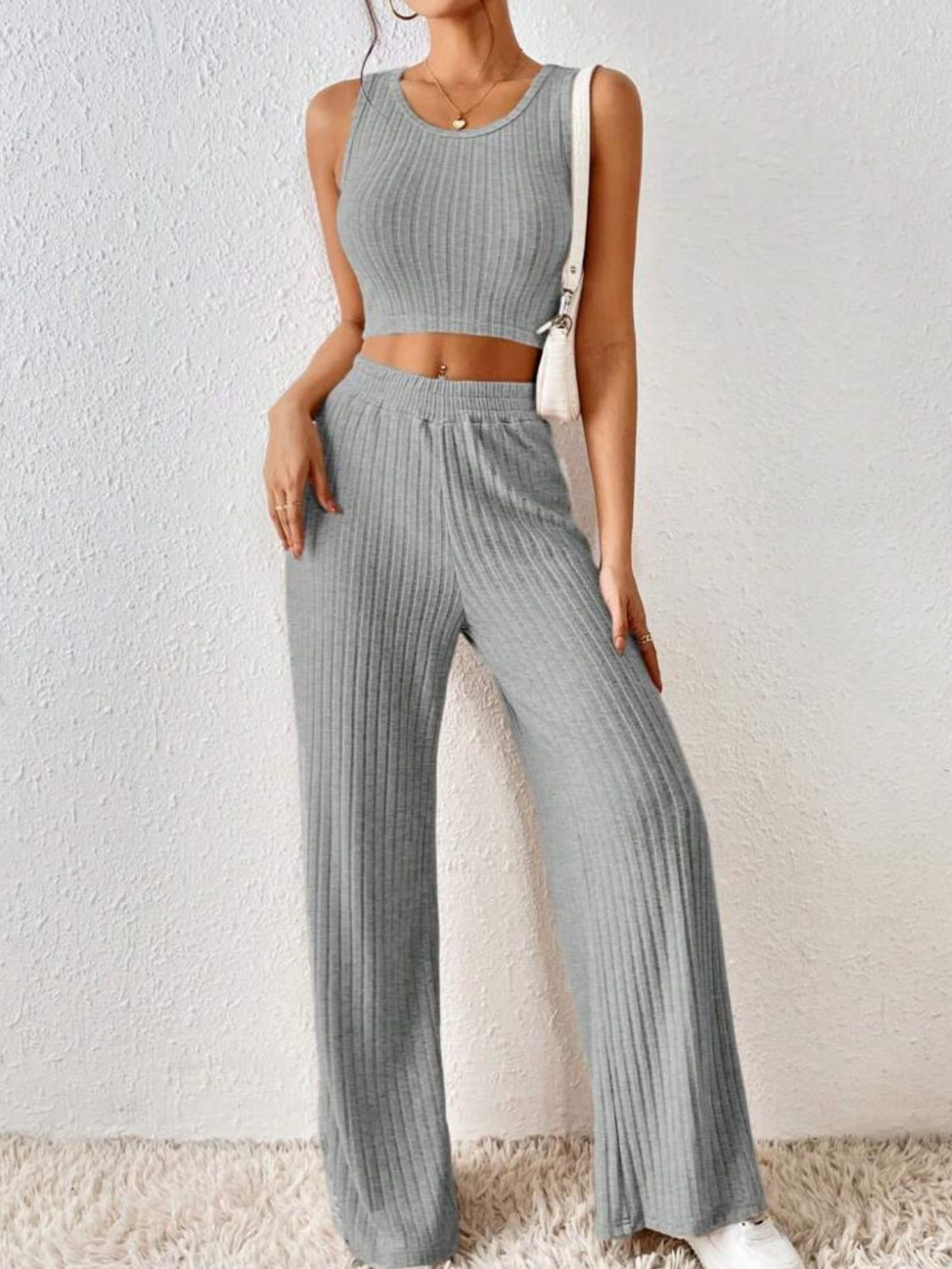 Ribbed Round Neck Tank and Pants Sweater Set - Tantalize Boutique