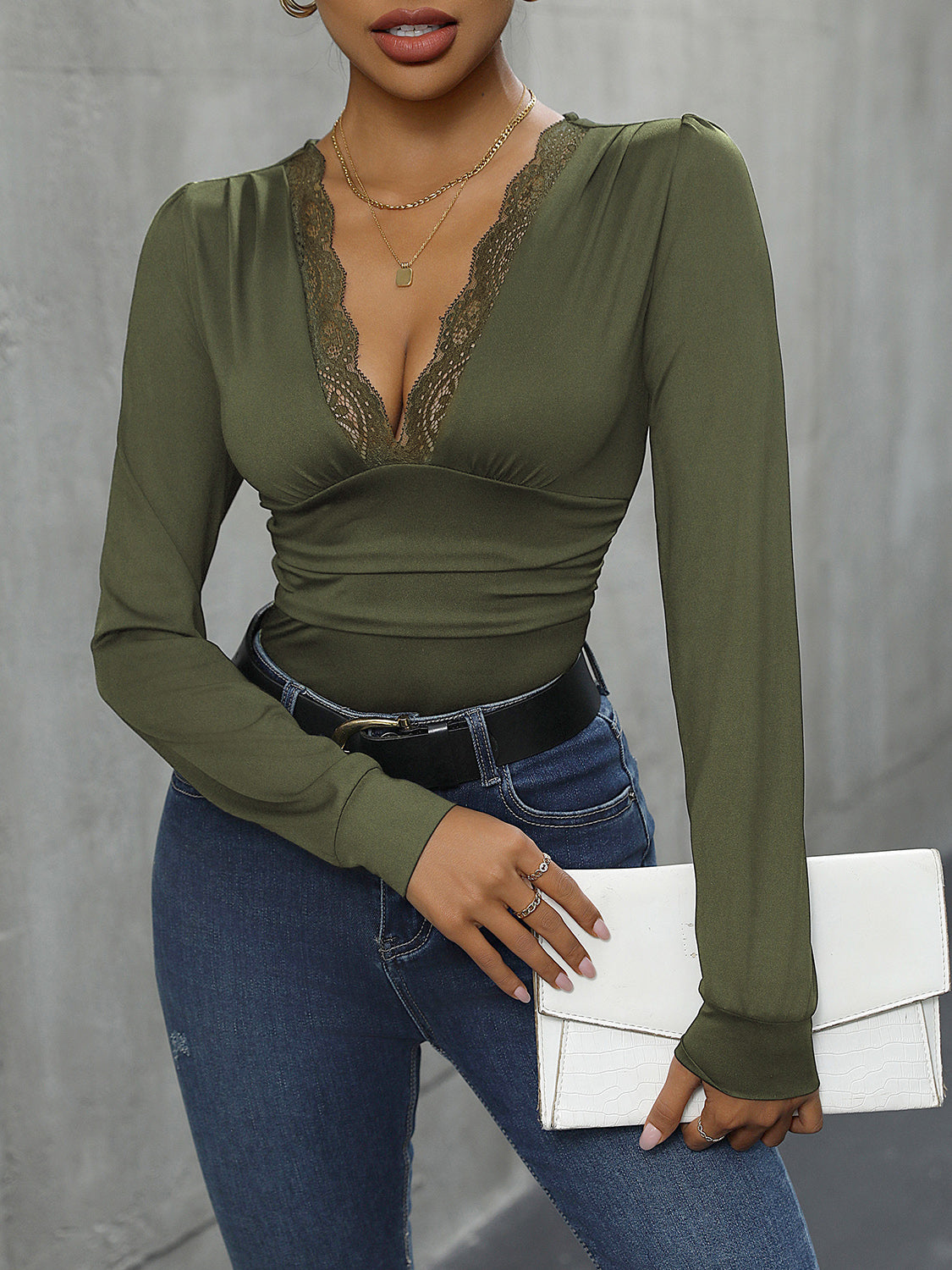 Lace Detail Plunge Long Sleeve Bodysuit - Tantalize Boutique