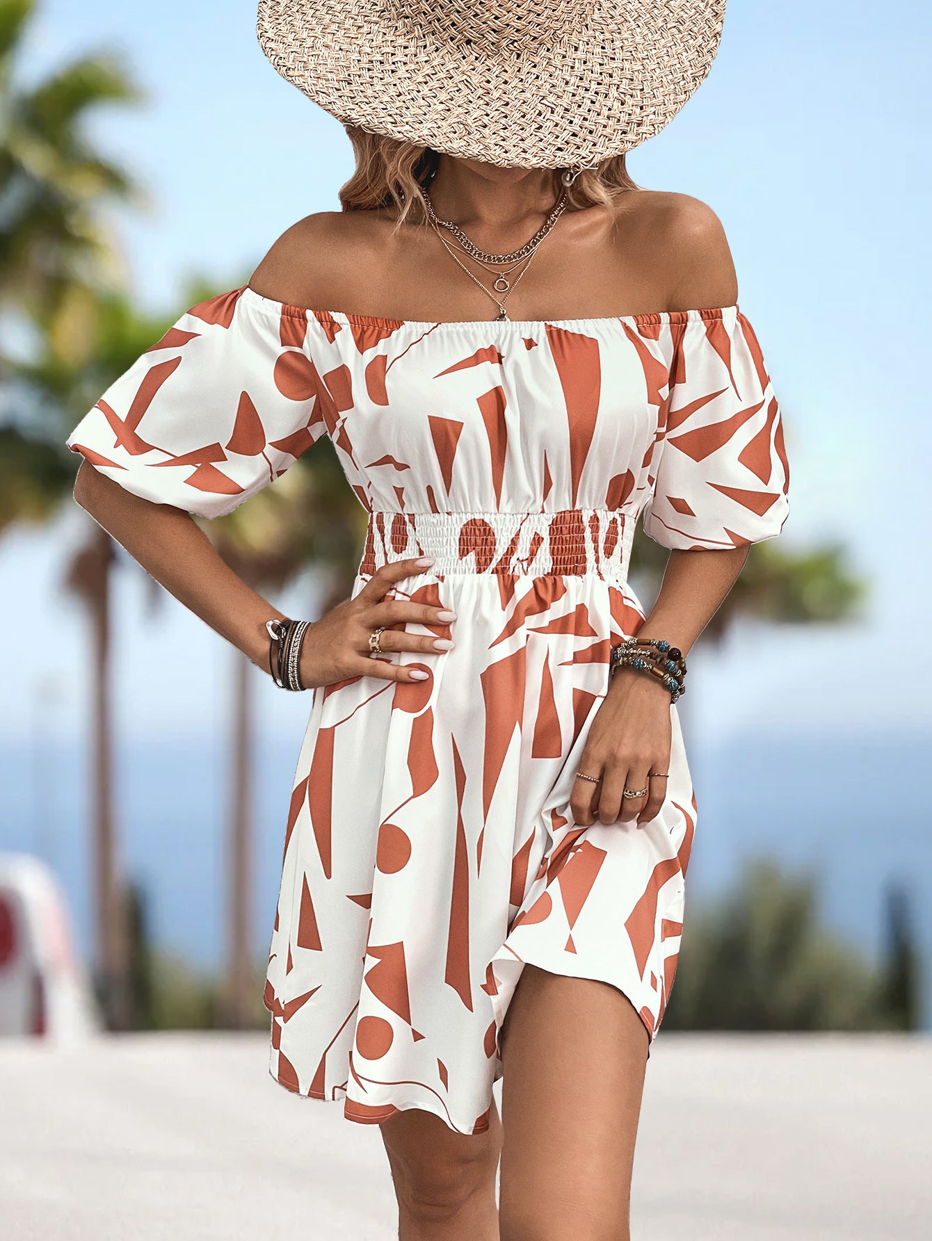 Printed Off-Shoulder Smocked Waist Dress - Tantalize Boutique