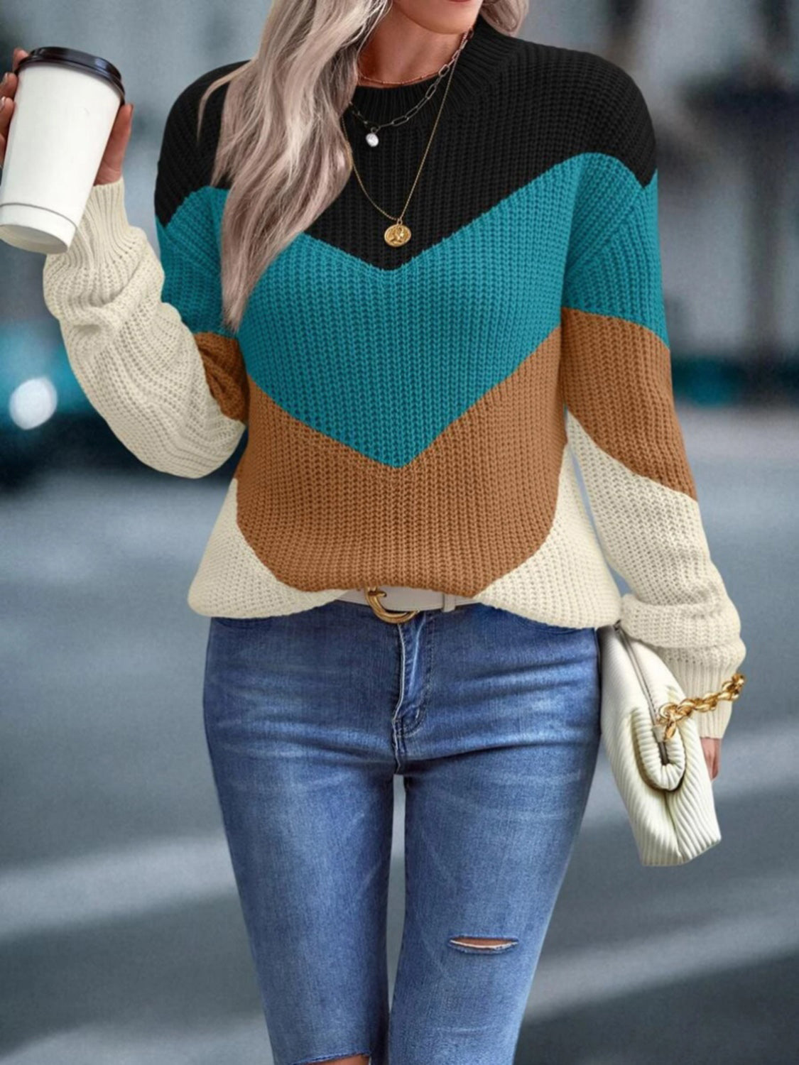 Color Block Round Neck Dropped Shoulder Sweater - Tantalize Boutique