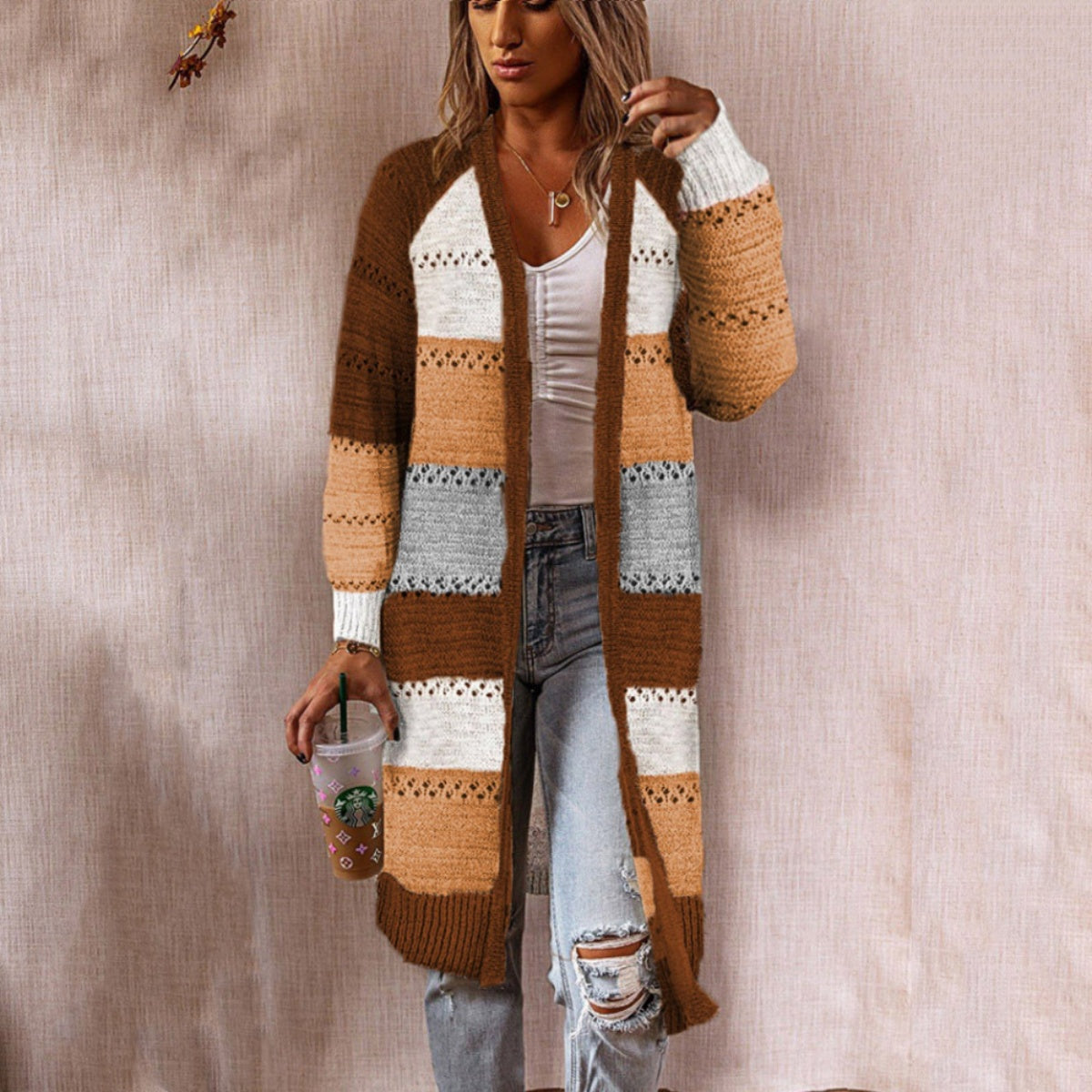 Color Block Open Front Openwork Cardigan - Tantalize Boutique