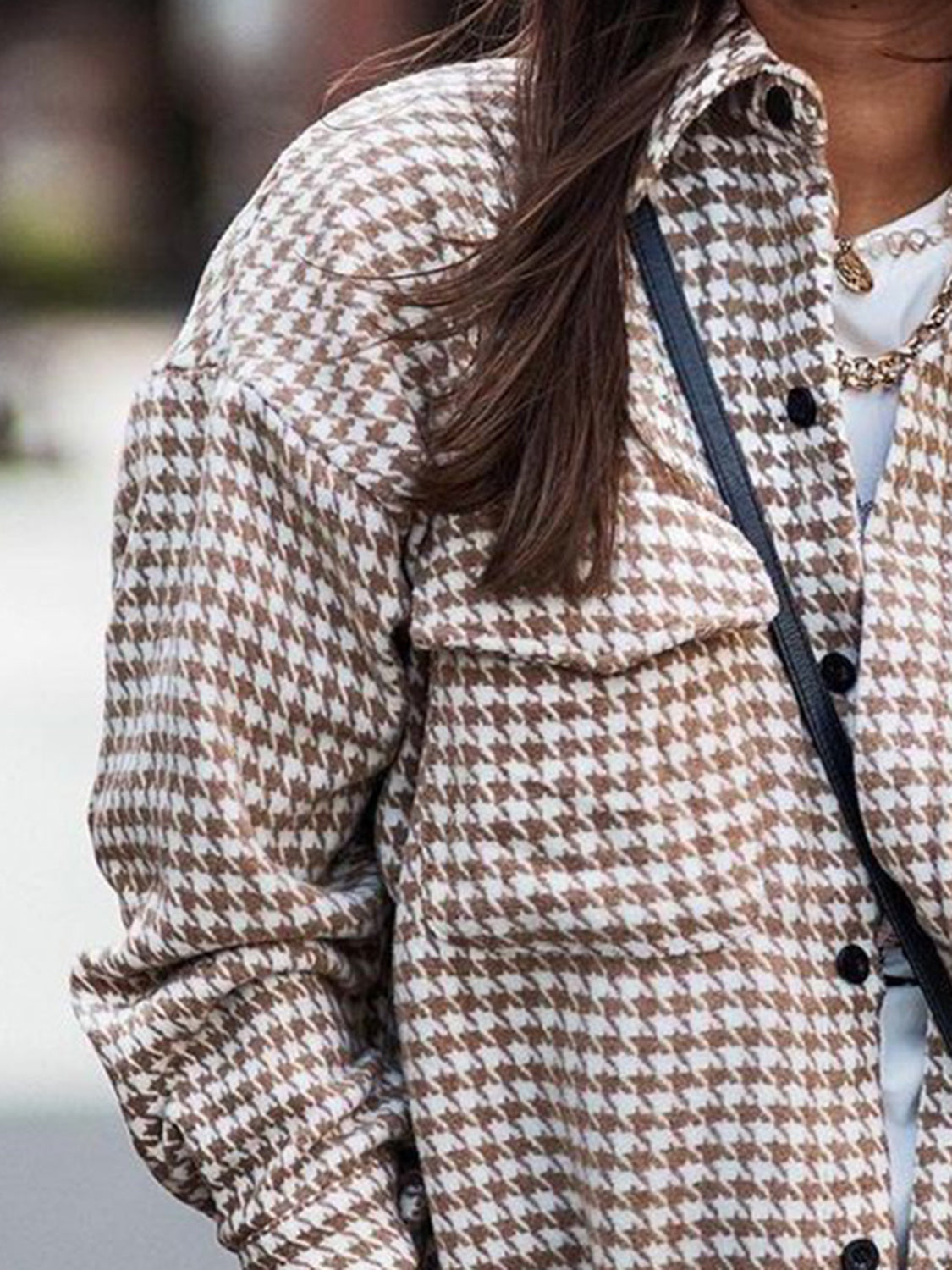 Houndstooth Button Up Dropped Shoulder Jacket - Tantalize Boutique