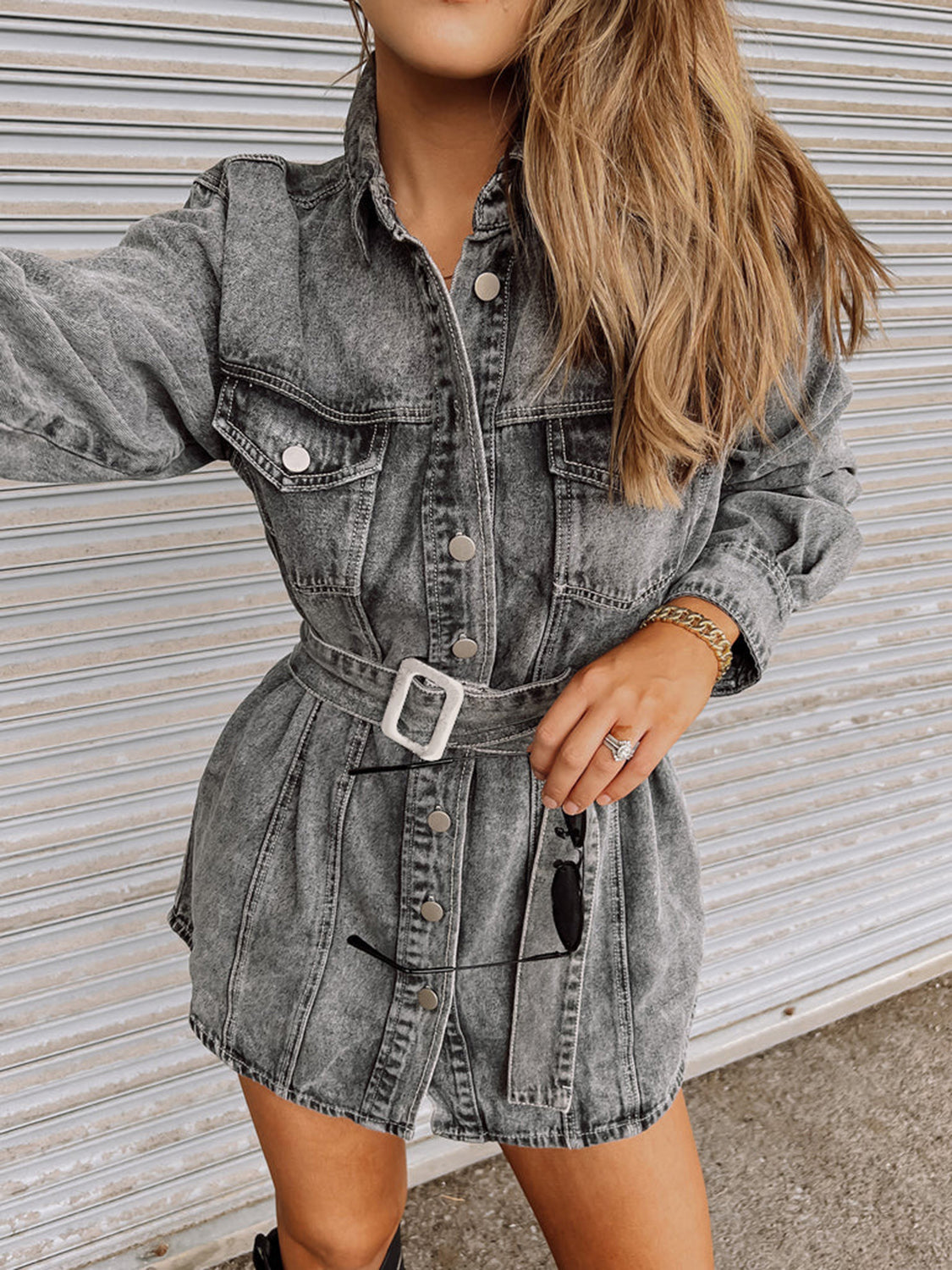 Long Sleeve Collared Denim Dress - Tantalize Boutique