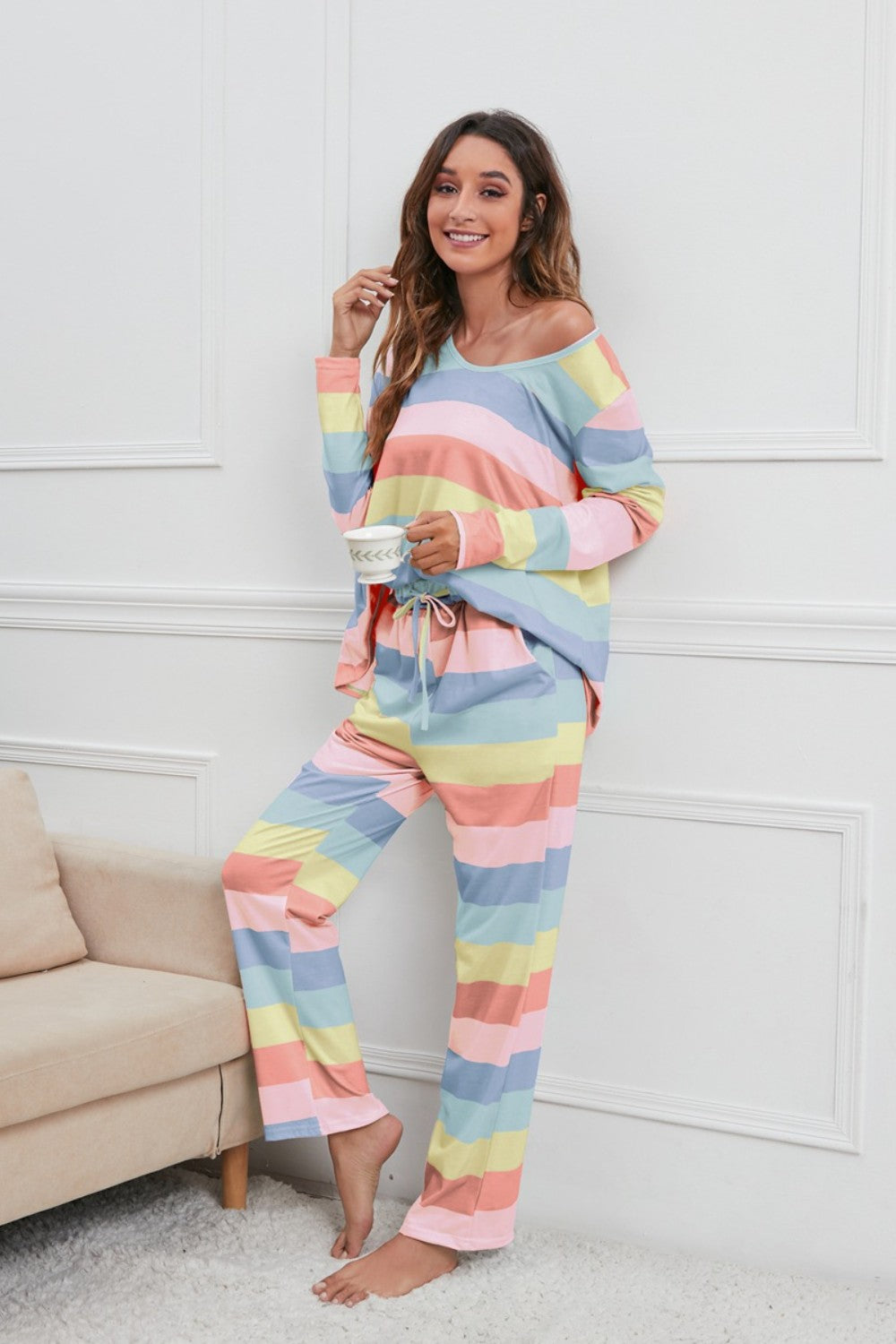 Striped Round Neck Long Sleeve Top and Drawstring Pants Lounge Set - Tantalize Boutique