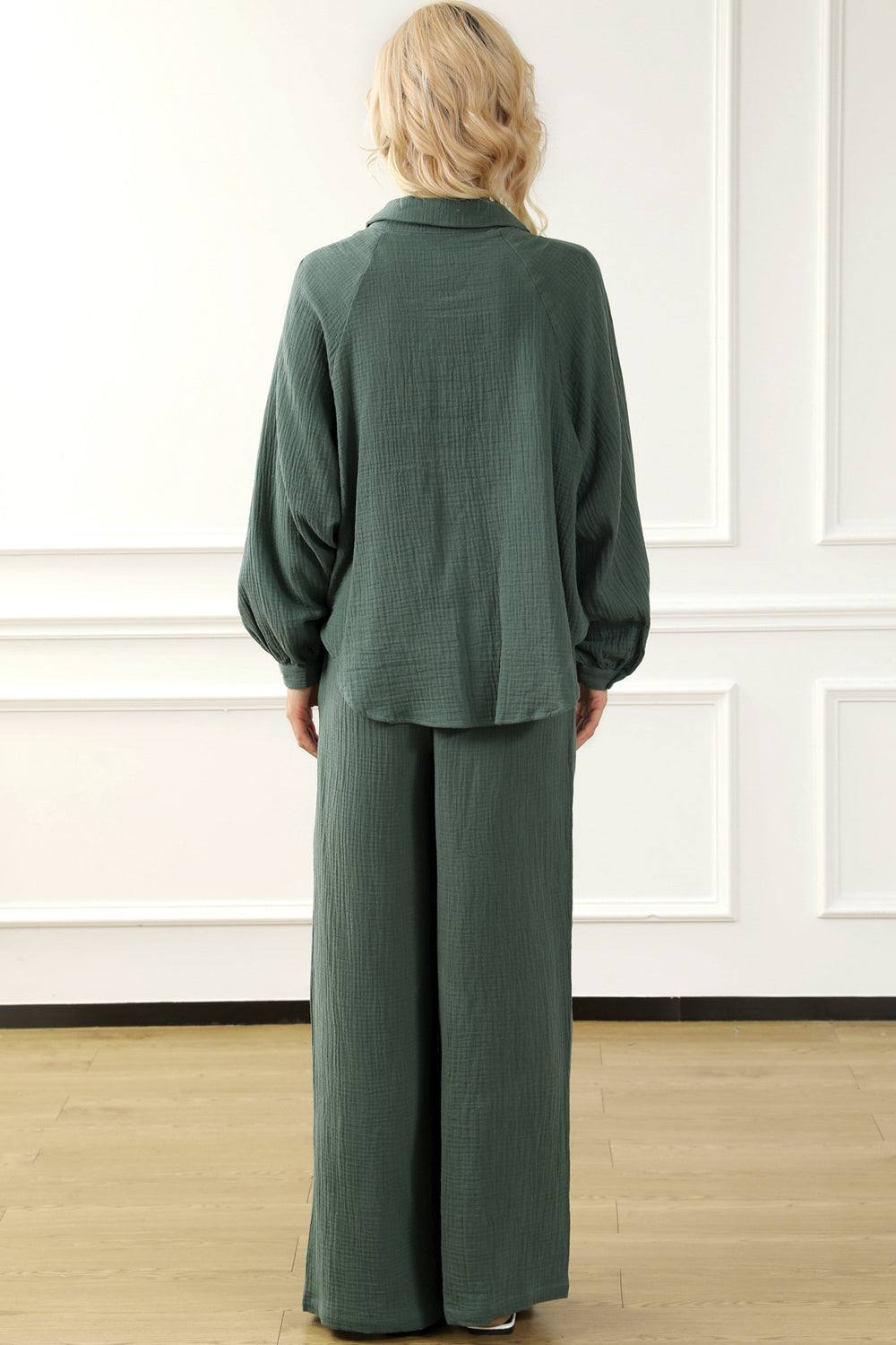 Collared Neck Top and Drawstring Pants Set - Tantalize Boutique