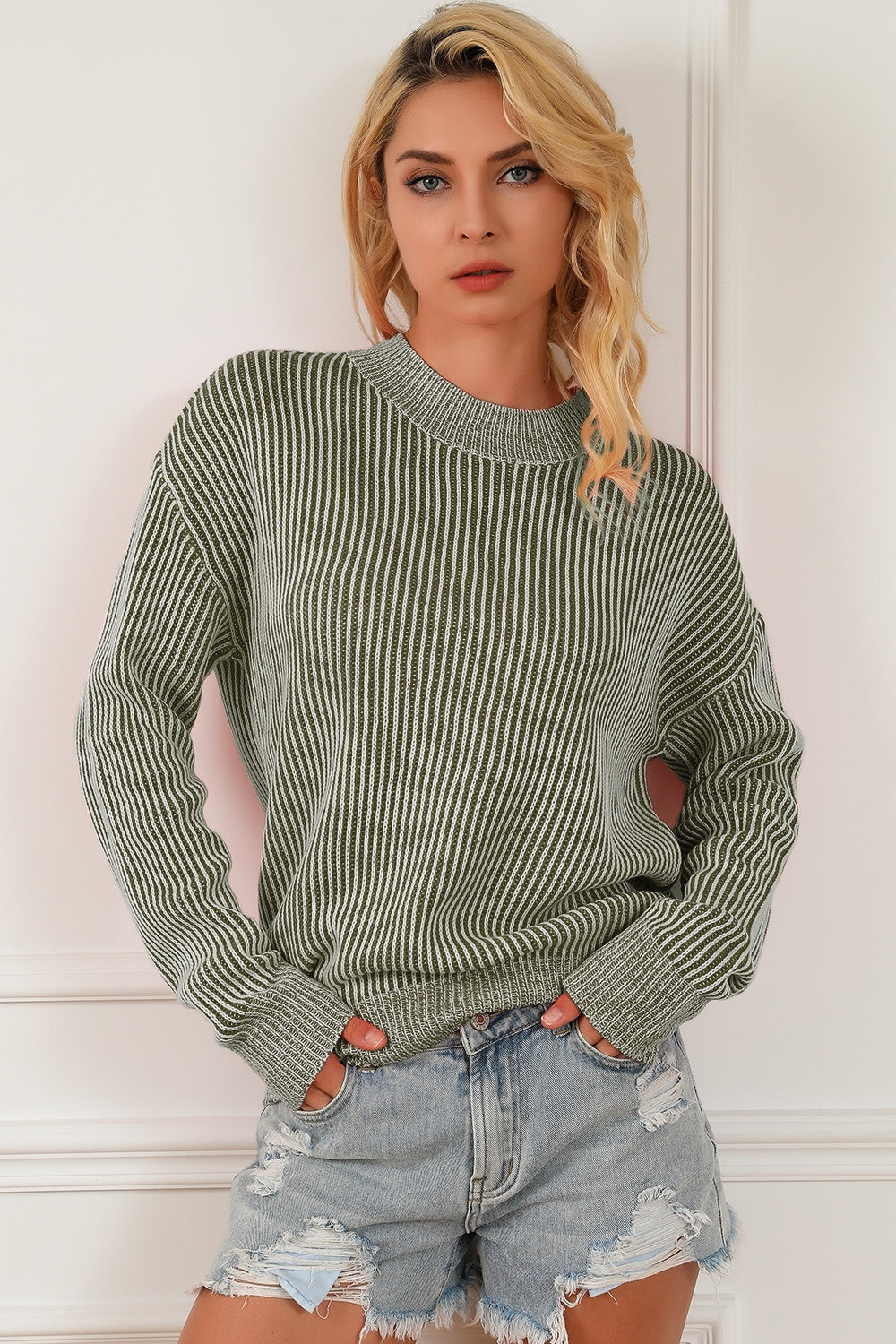 Striped Mock Neck Dropped Shoulder Sweater - Tantalize Boutique