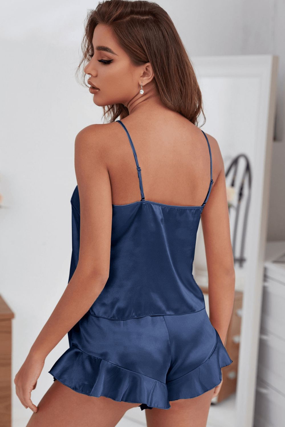 Satin Cami, Ruffle Hem Shorts Pajama Set - Tantalize Boutique
