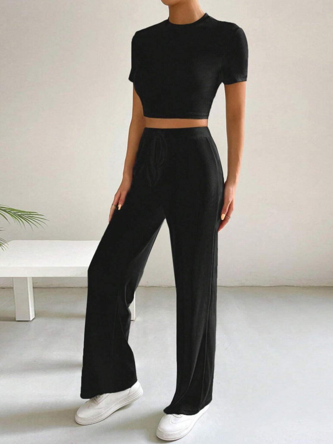 Drawstring Mock Neck Top and High Waist Pants Set - Tantalize Boutique