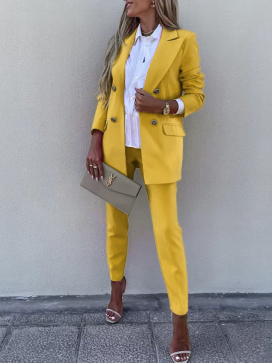 Lapel Collar Long Sleeve Blazer and Pants Set - Tantalize Boutique