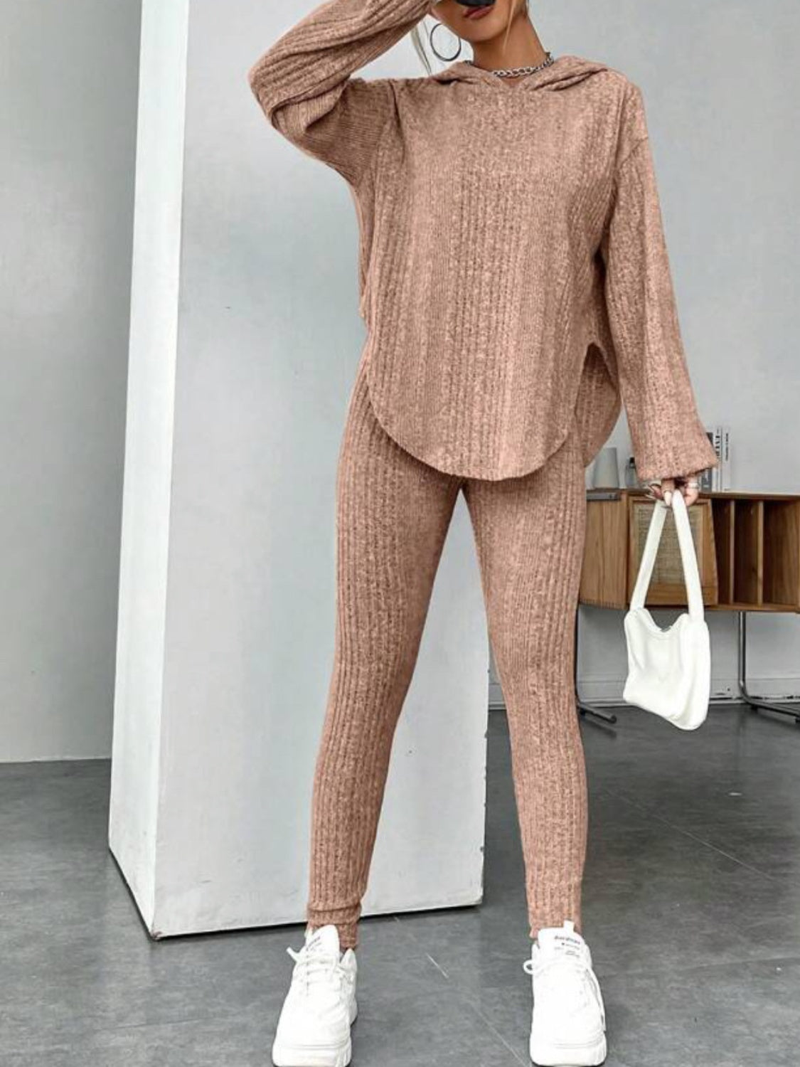 Round Neck Dropped Shoulder Hoodie and Pants Set - Tantalize Boutique