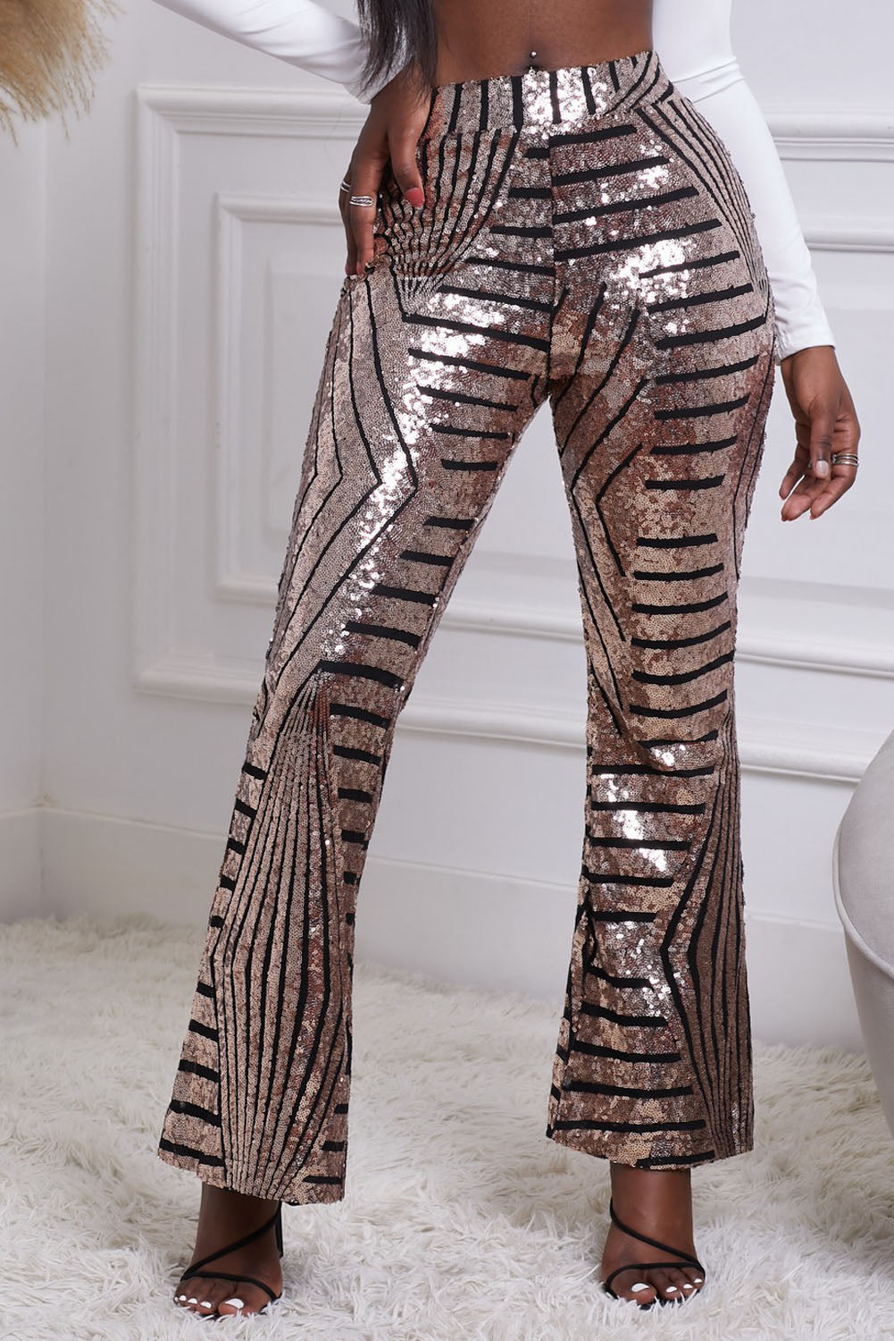 Sequin Striped High Waist Bootcut Pants - Tantalize Boutique