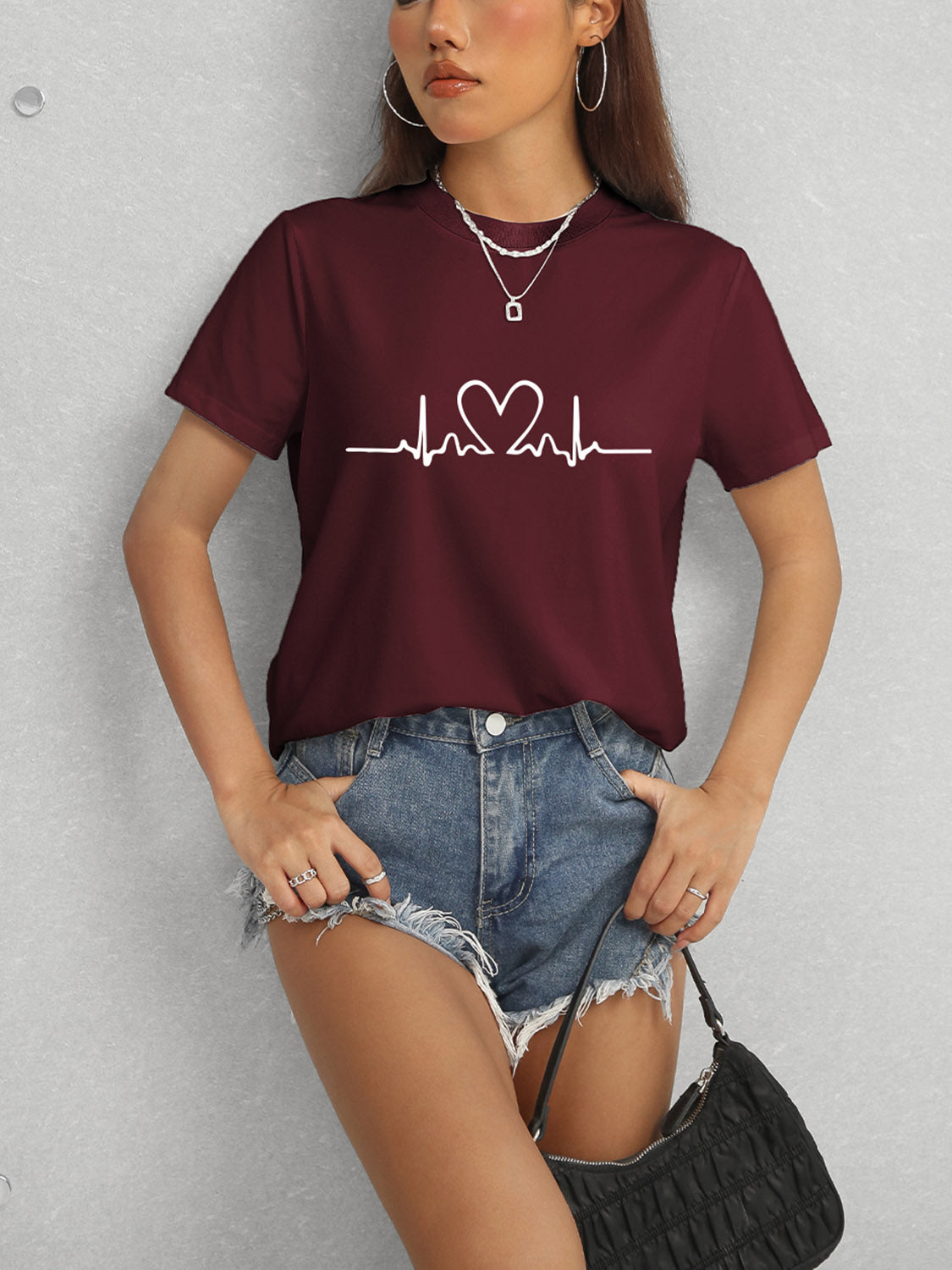 Heart Round Neck Short Sleeve T-Shirt - Tantalize Boutique