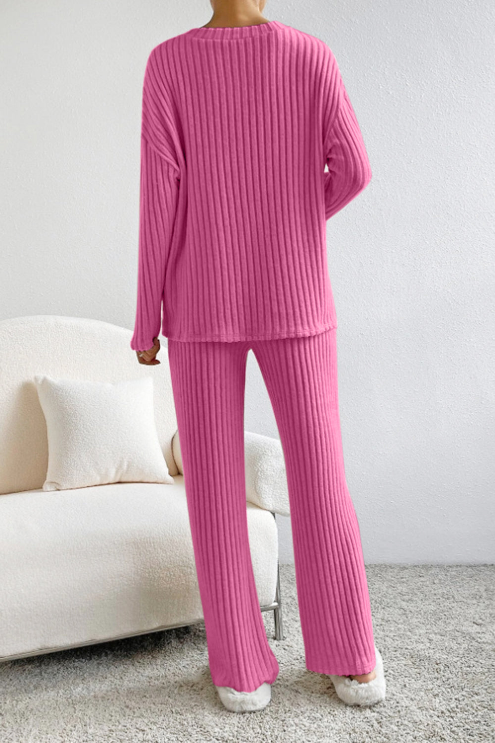 Ribbed V-Neck Top and Pants Set - Tantalize Boutique