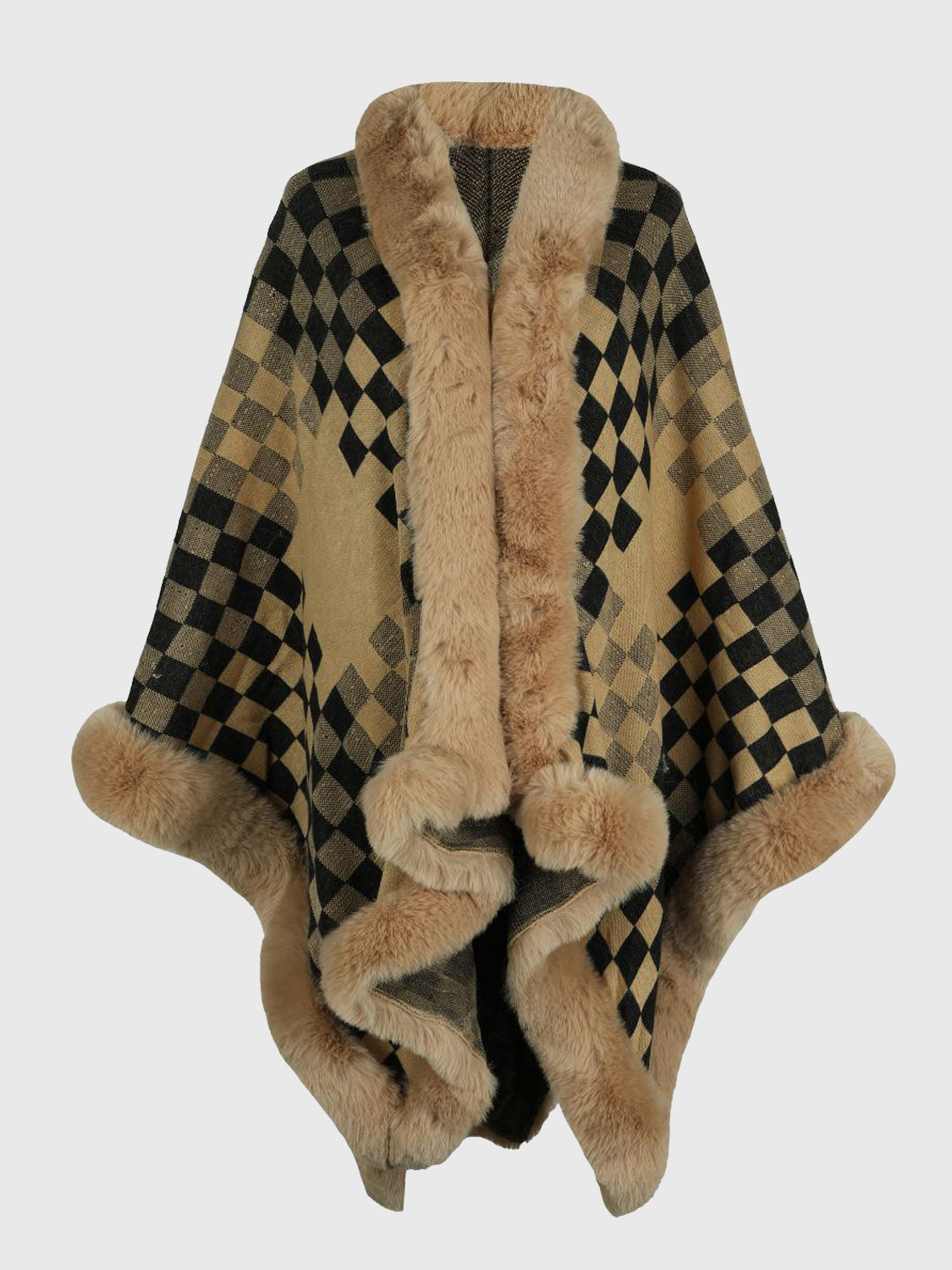 Checkered Faux Fur Trim Poncho - Tantalize Boutique