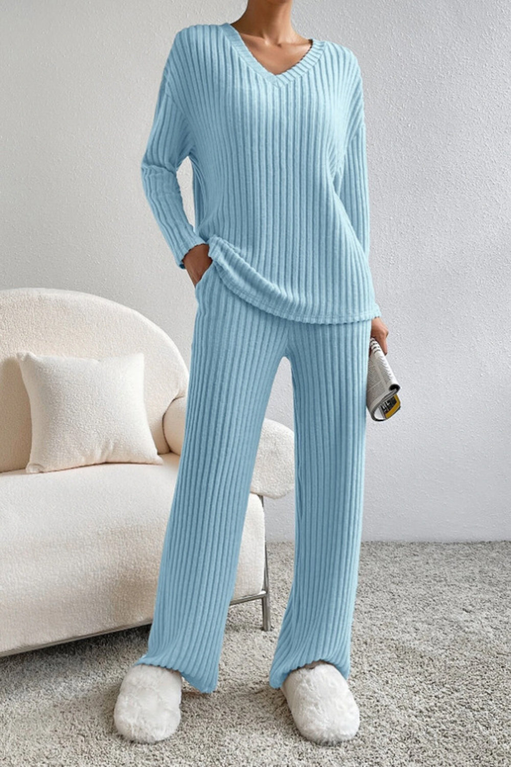Ribbed V-Neck Top and Pants Set - Tantalize Boutique