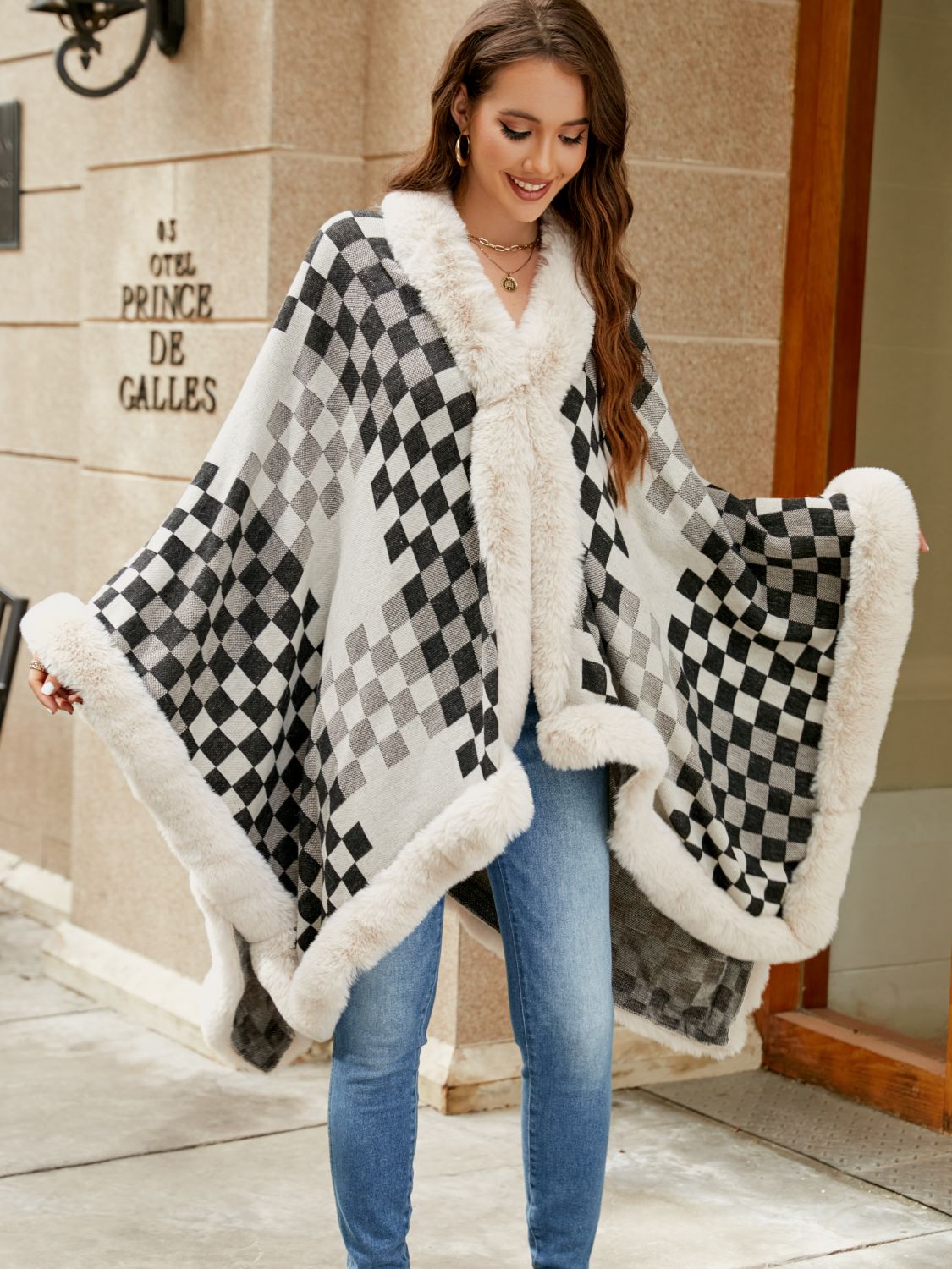 Checkered Faux Fur Trim Poncho - Tantalize Boutique