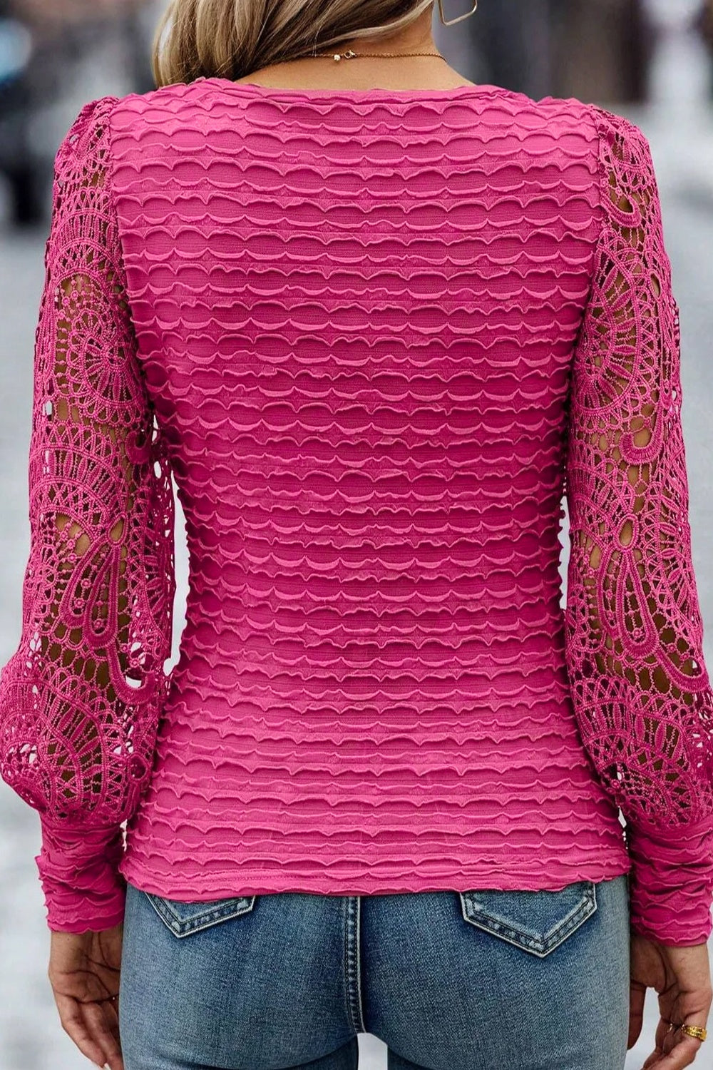 Openwork Scoop Neck Long Sleeve Blouse - Tantalize Boutique