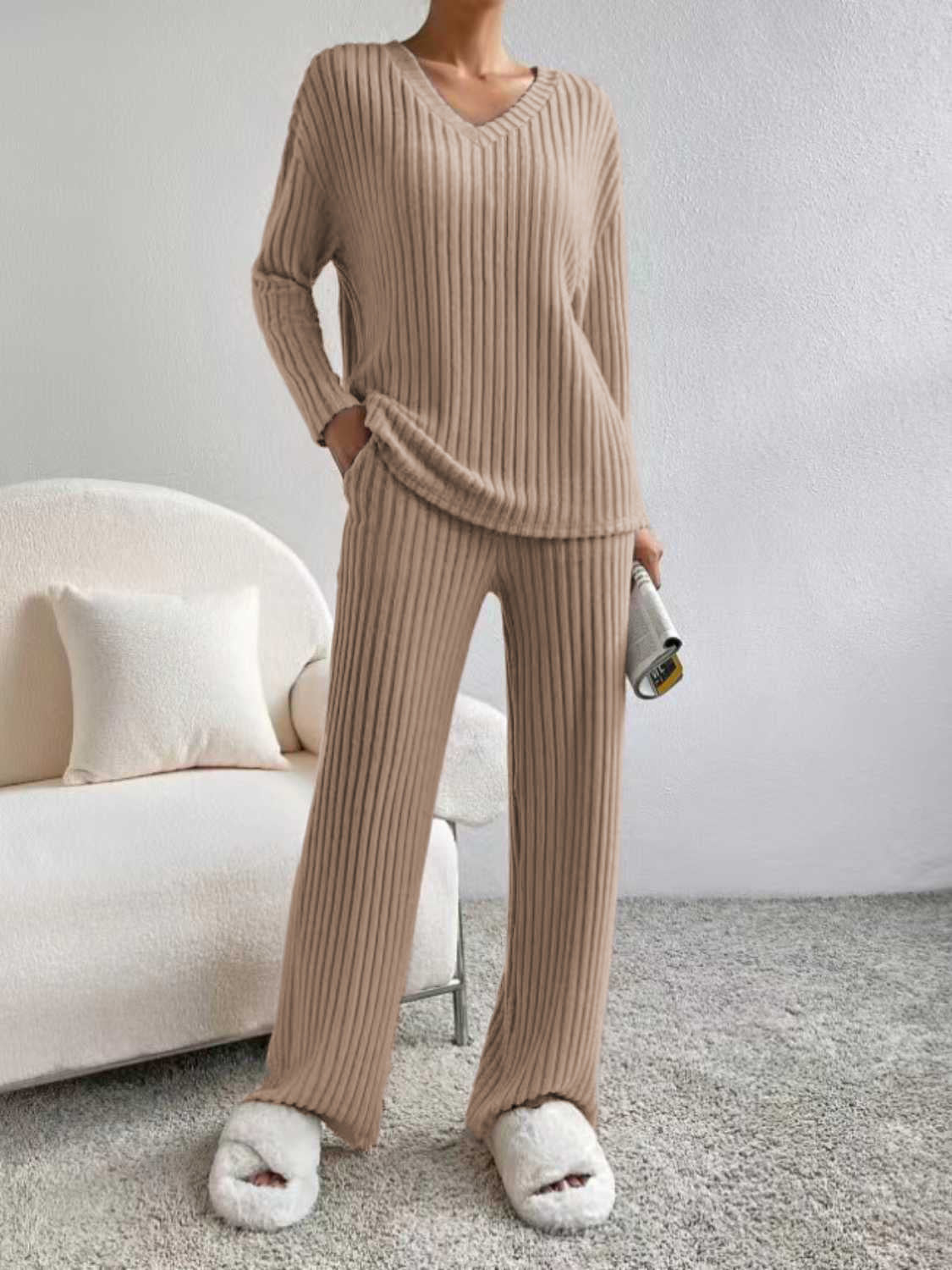 Ribbed V-Neck Long Sleeve Top and Pants Set - Tantalize Boutique