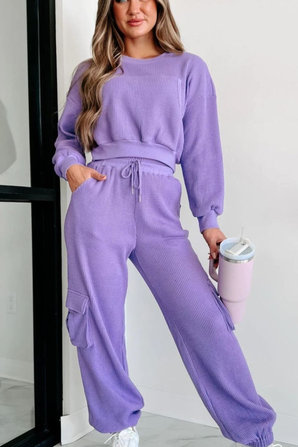 Waffle-knit Top and Drawstring Joggers Set - Tantalize Boutique