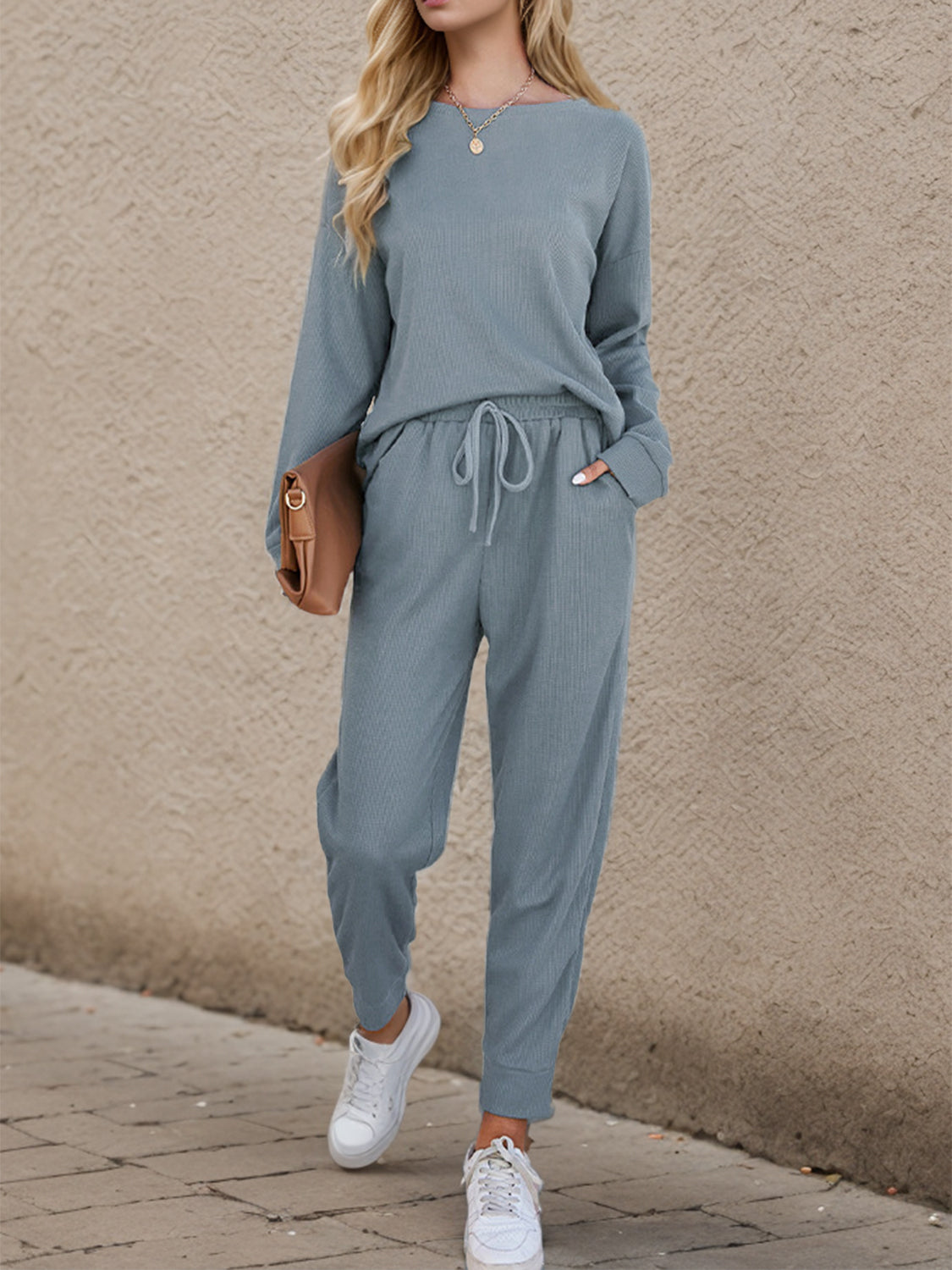 Round Neck Top and Drawstring Pants Set - Tantalize Boutique