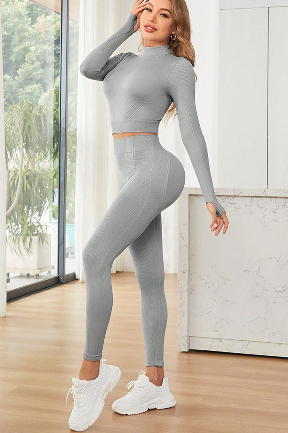 Mock Neck Long Sleeve Top and Leggings Active Set - Tantalize Boutique