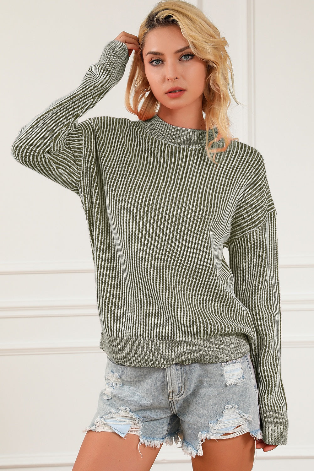 Striped Mock Neck Dropped Shoulder Sweater - Tantalize Boutique