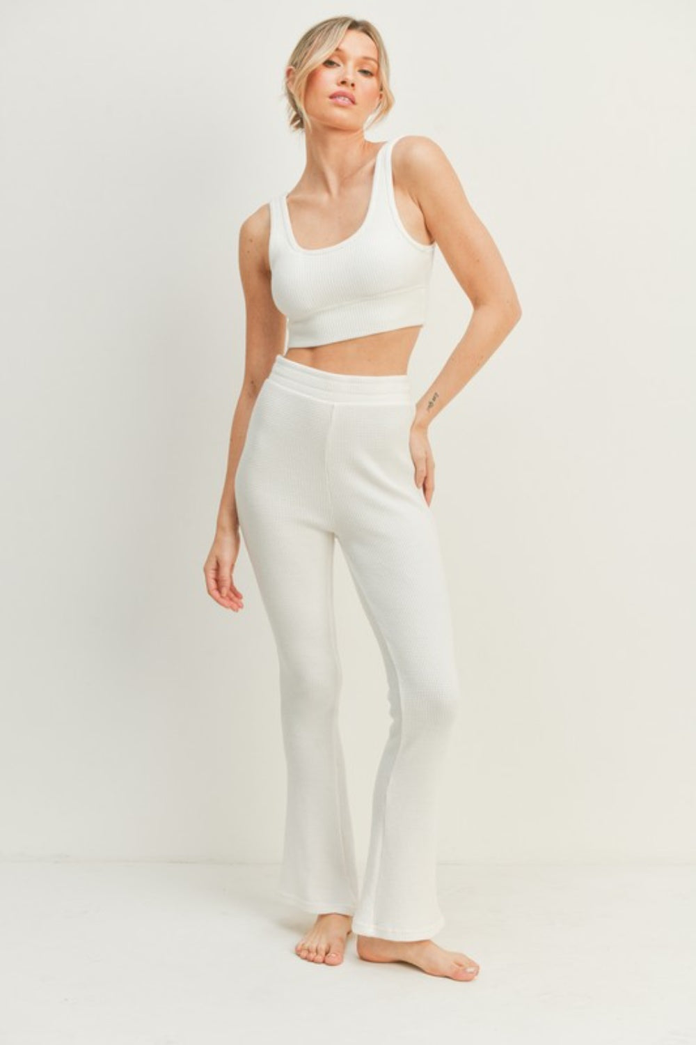 Kimberly C Waffle Tank and High Waist Flare Pants Set - Tantalize Boutique