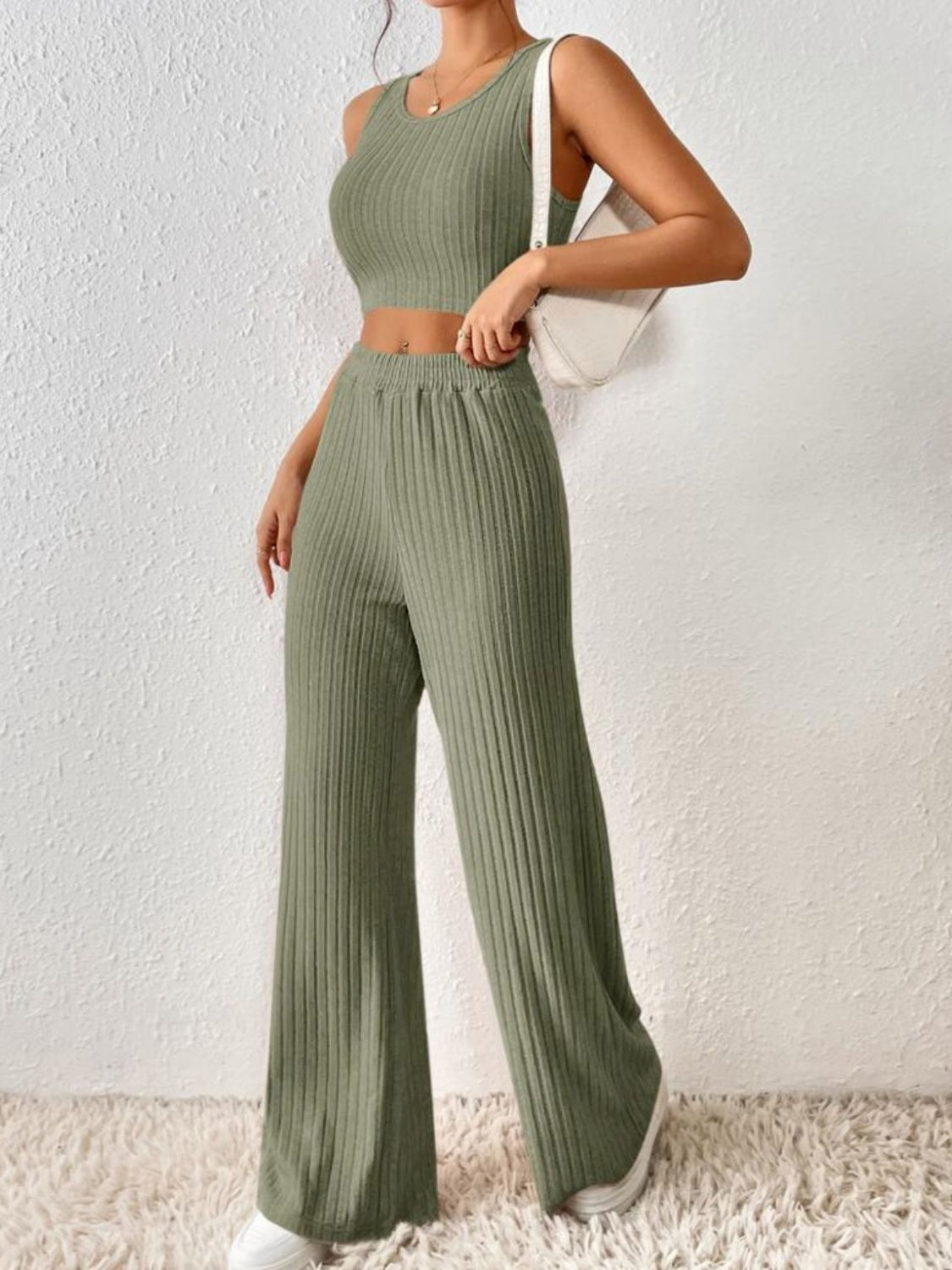 Ribbed Round Neck Tank and Pants Sweater Set - Tantalize Boutique