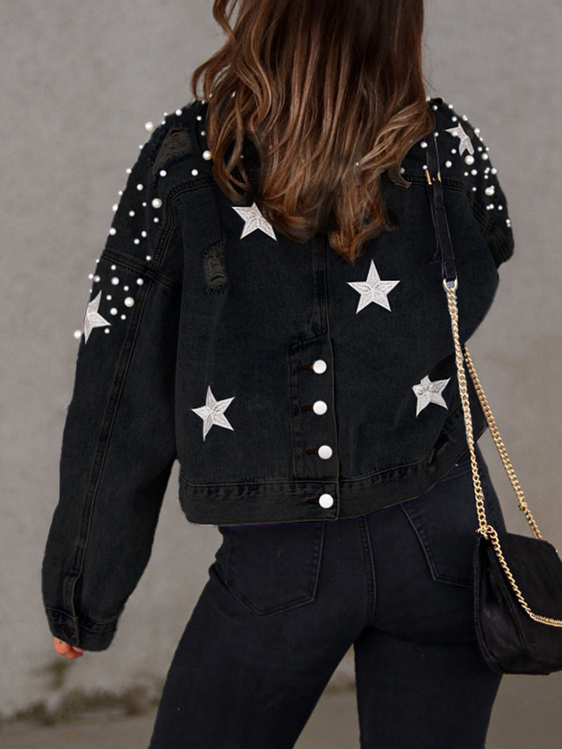 Pearl Trim Button Up Denim Jacket with Pockets - Tantalize Boutique