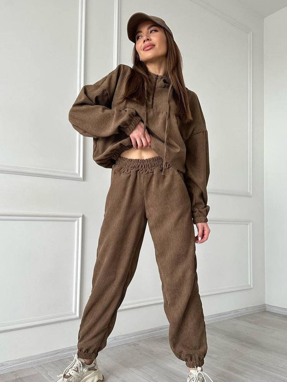 Half Zip Drawstring Hoodie and Pants Set - Tantalize Boutique