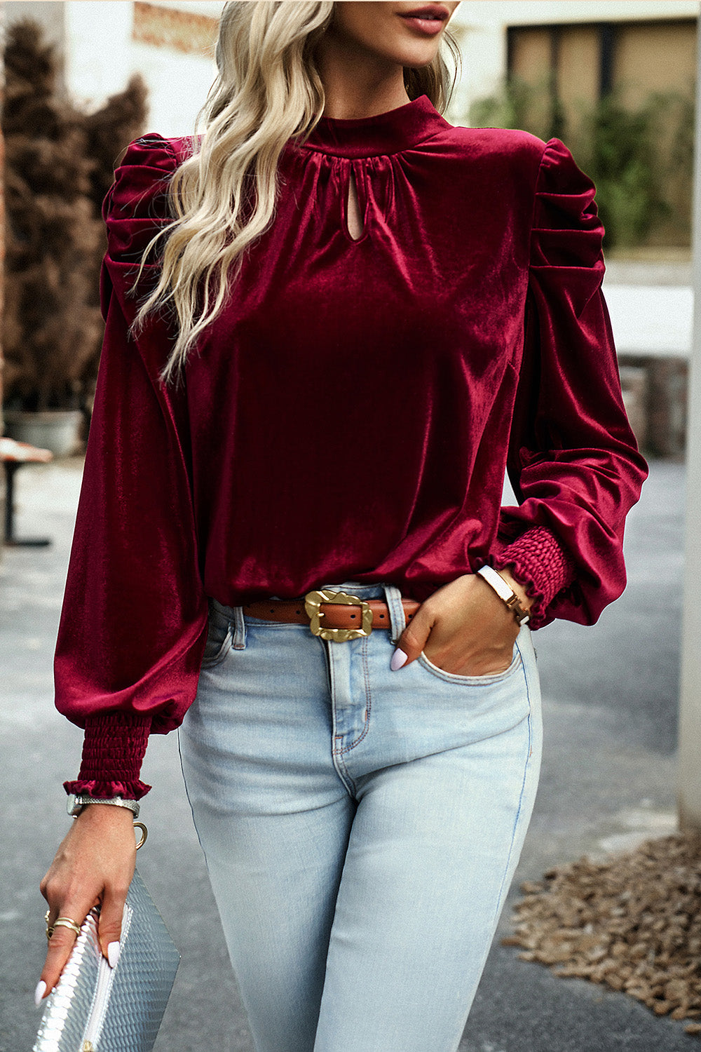 Mock Neck Puff Sleeve Blouse - Tantalize Boutique