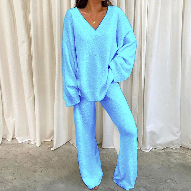 V-Neck Long Sleeve Top and Long Pants Set - Tantalize Boutique