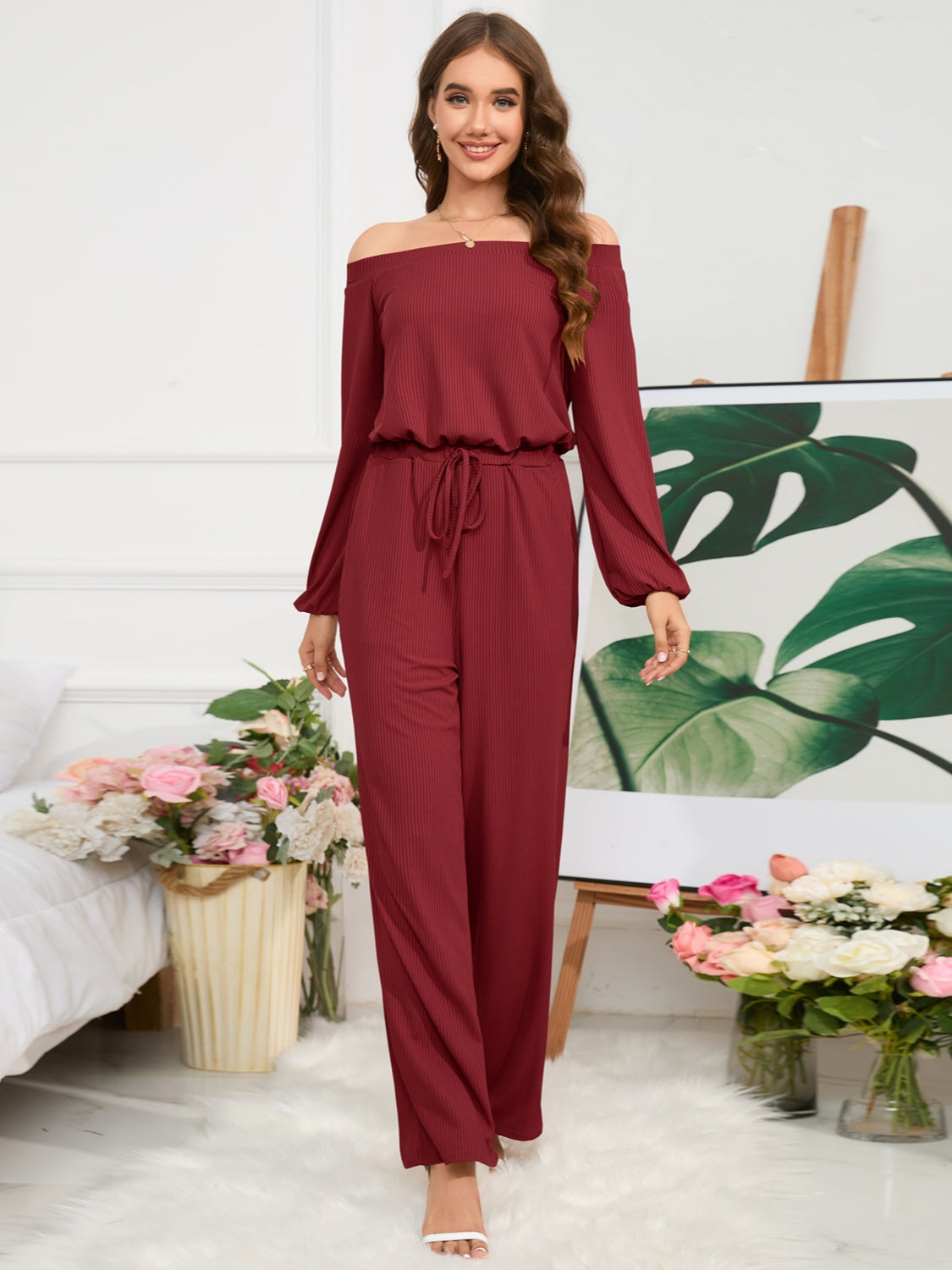 Off-Shoulder Straight Leg Jumpsuit - Tantalize Boutique