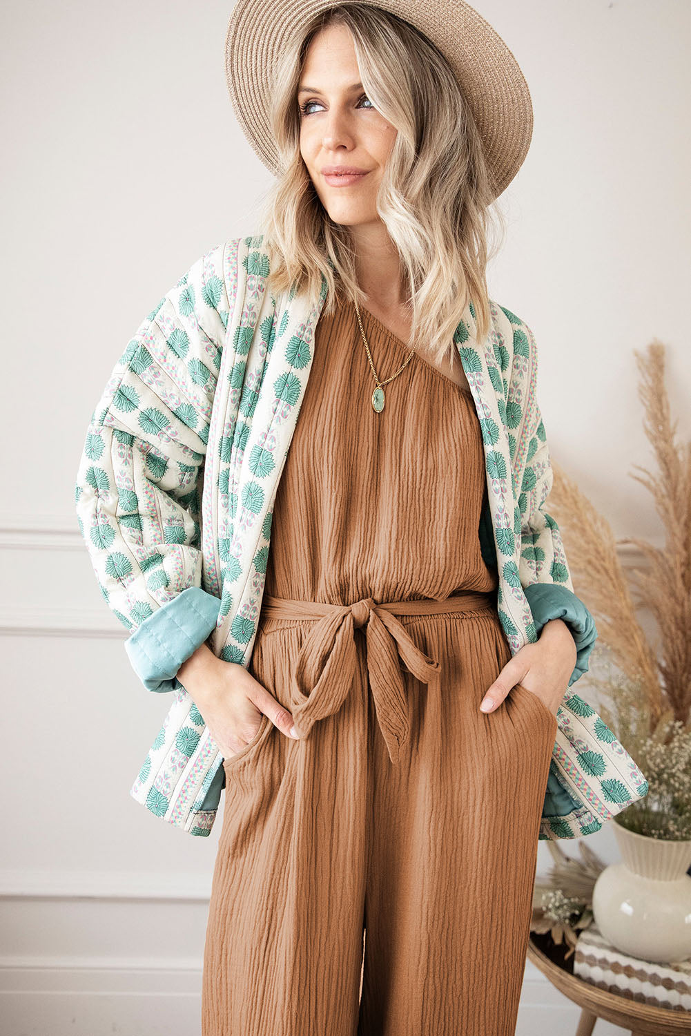 Texture Single Shoulder Tie-Waist Jumpsuit - Tantalize Boutique