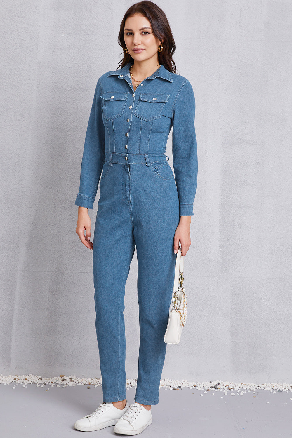 Snap Down Denim Jumpsuit with Pockets - Tantalize Boutique