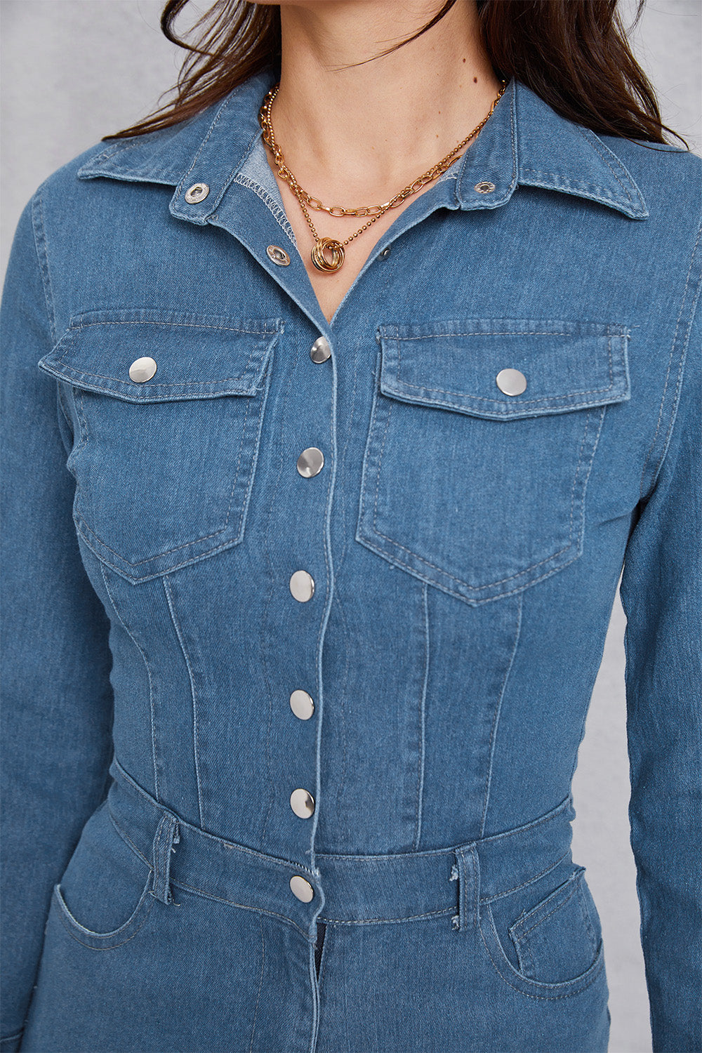 Snap Down Denim Jumpsuit with Pockets - Tantalize Boutique