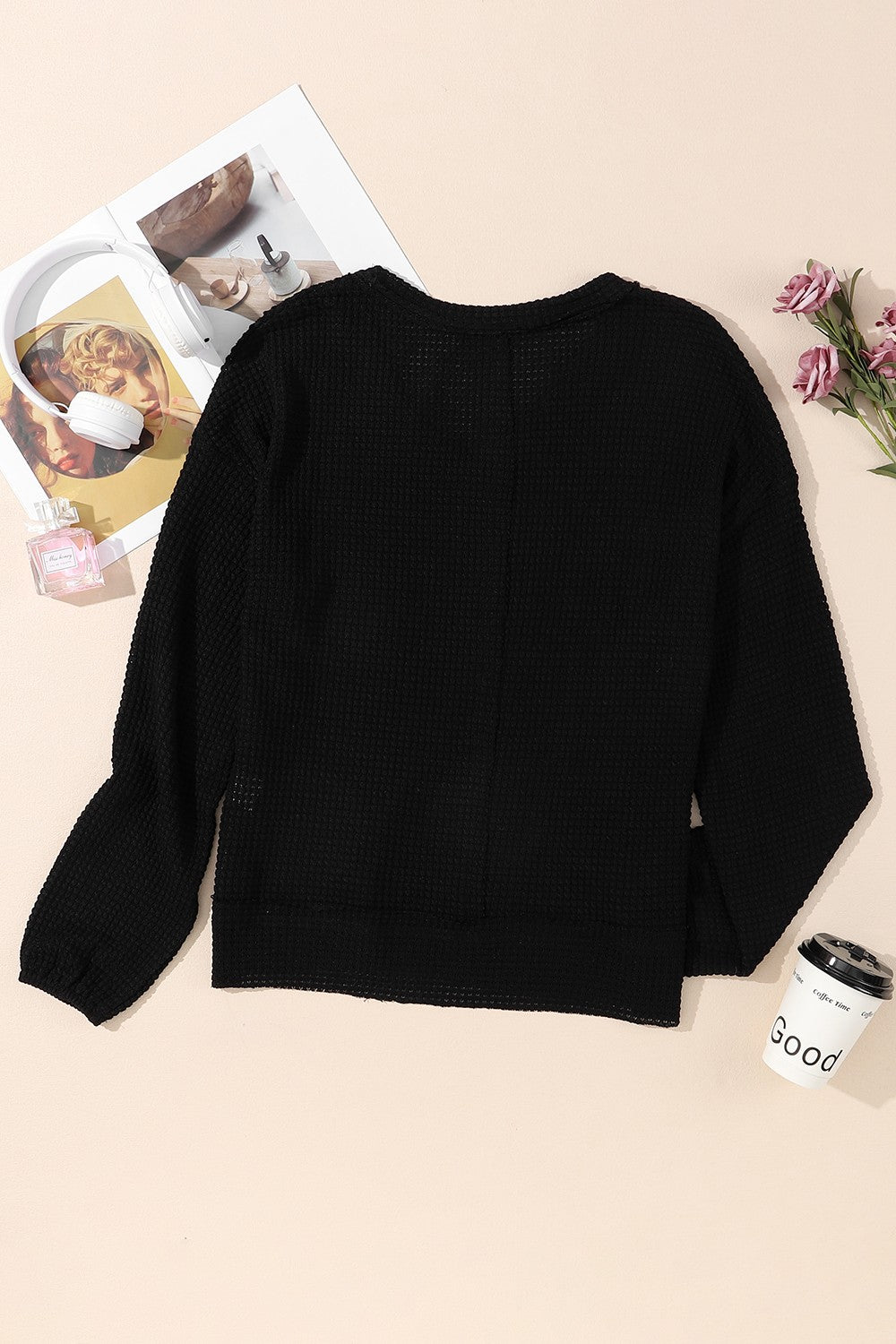 Waffle-Knit Pocketed V-Neck Blouse - Tantalize Boutique