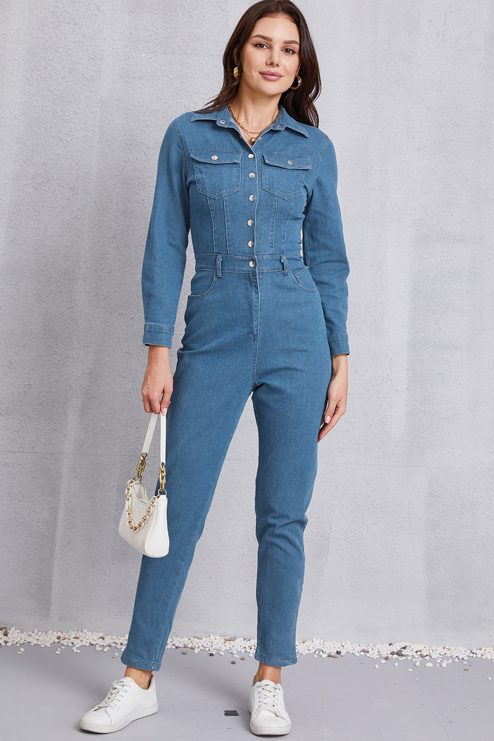 Snap Down Denim Jumpsuit with Pockets - Tantalize Boutique