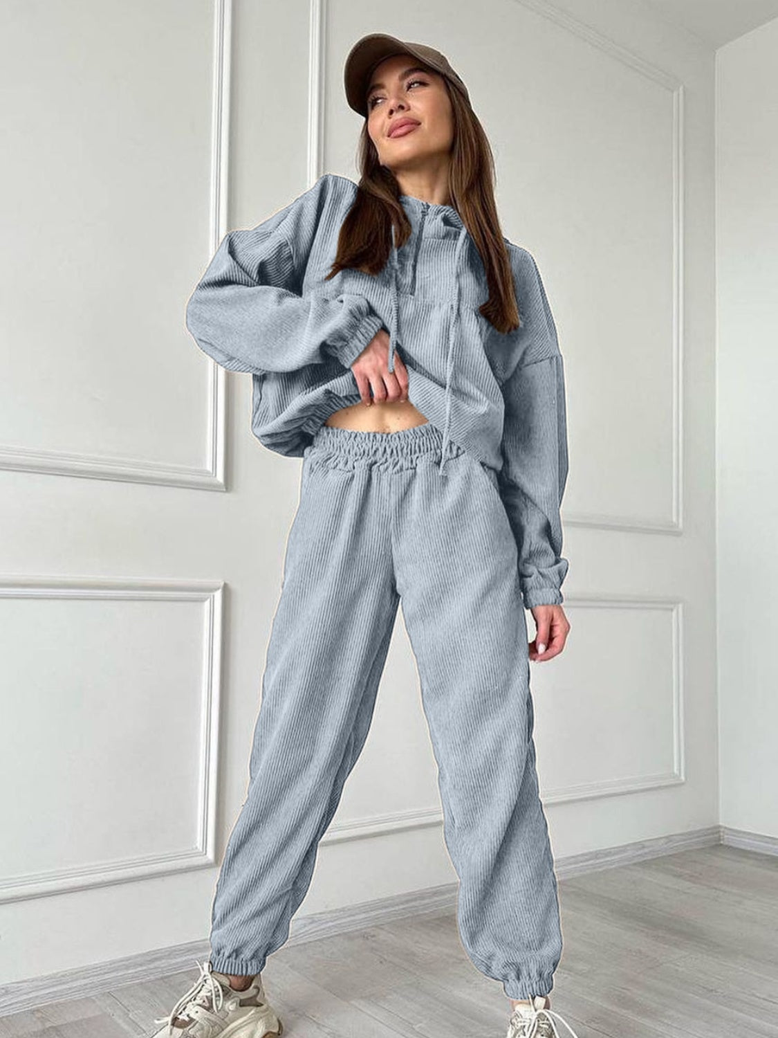 Half Zip Drawstring Hoodie and Pants Set - Tantalize Boutique