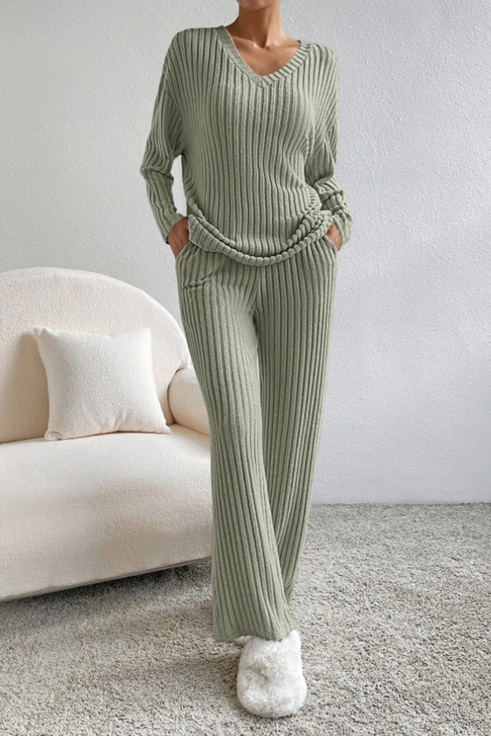 Ribbed V-Neck Top and Pants Set - Tantalize Boutique