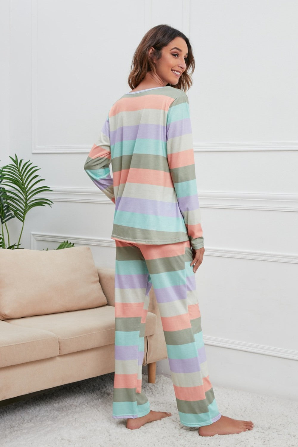 Striped Round Neck Long Sleeve Top and Drawstring Pants Lounge Set - Tantalize Boutique