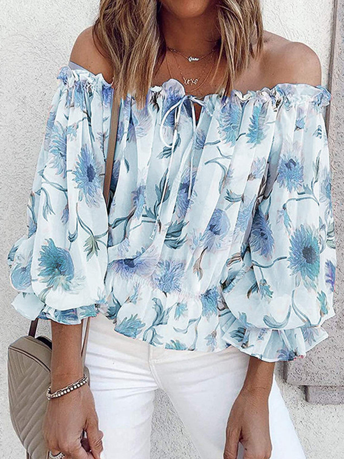 Floral Off-Shoulder Flounce Sleeve Blouse - Tantalize Boutique