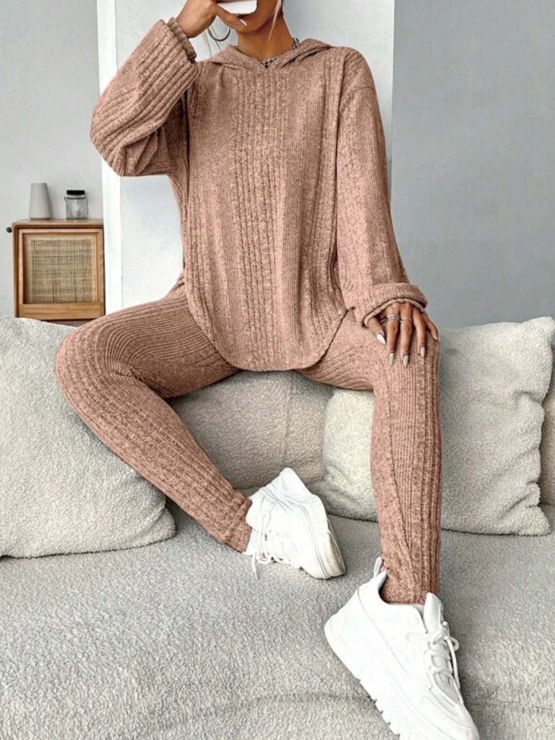 Round Neck Dropped Shoulder Hoodie and Pants Set - Tantalize Boutique